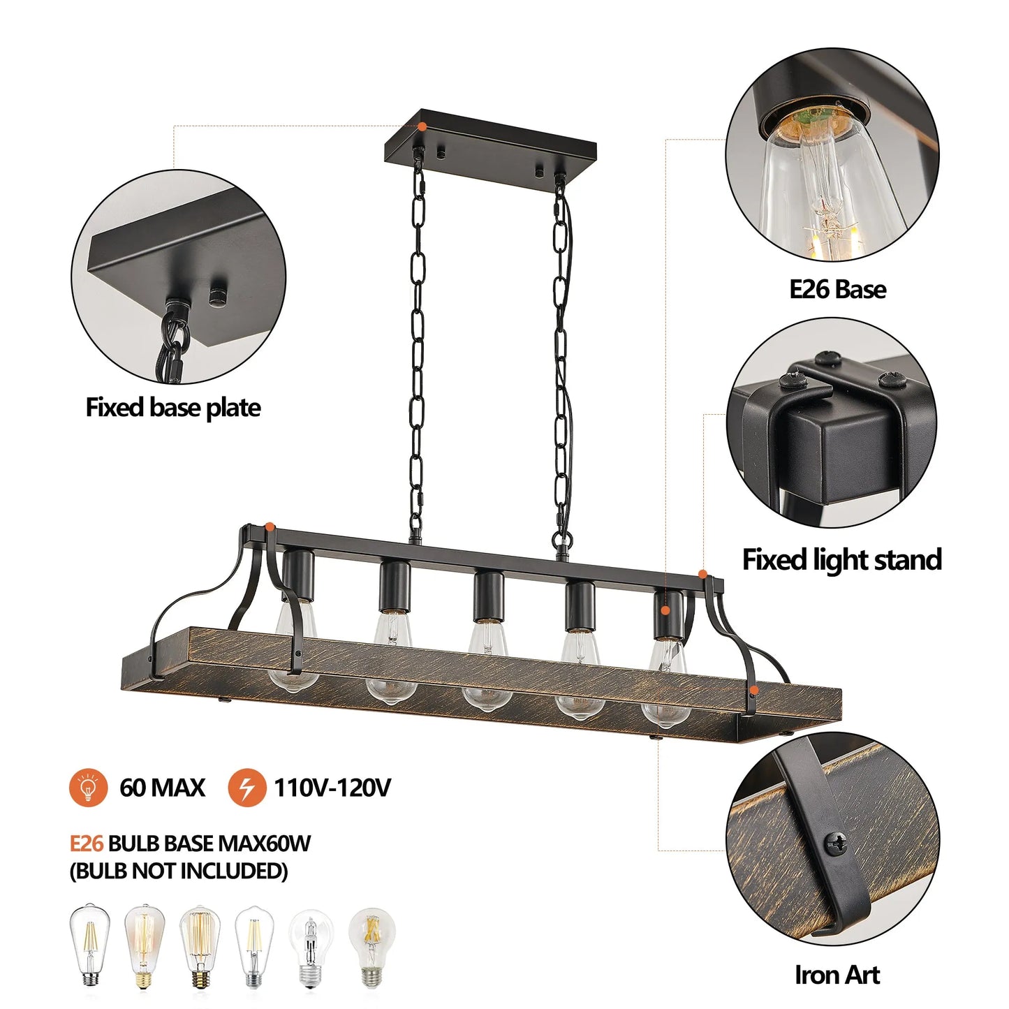 34-Inch Black Gold Vintage Pendant Light, 5 E26 Bulb Sockets, Adjustable Chain Height – Antique Style Chandelier for Dining Room, Kitchen, or Living – view 7
