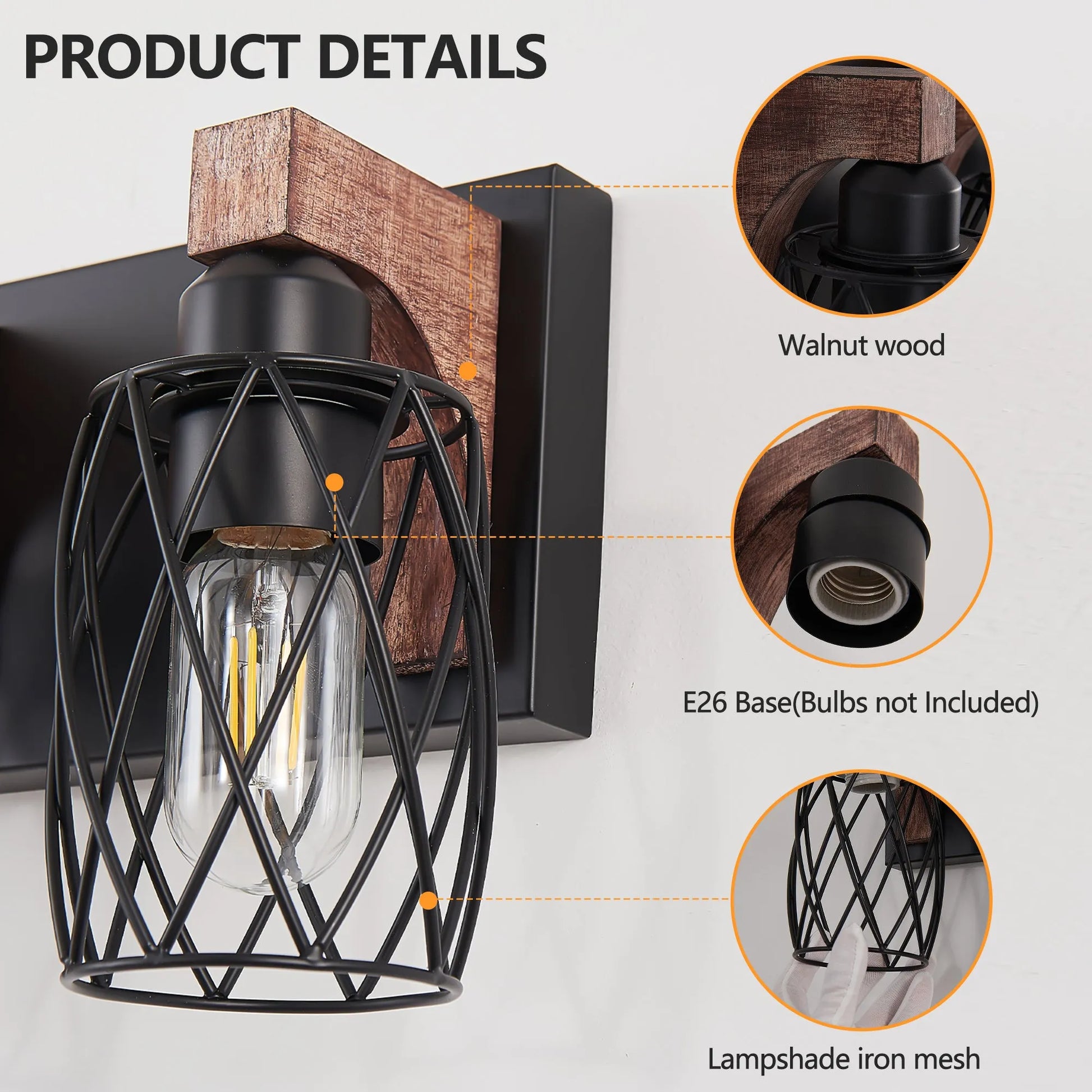 31' Industrial Vintage 5-Light Wall Sconce - Black Cage Wall Lighting Fixture with Wooden Accents for Bathroom, Hallway, or Living Room (Bulb Not – view 7