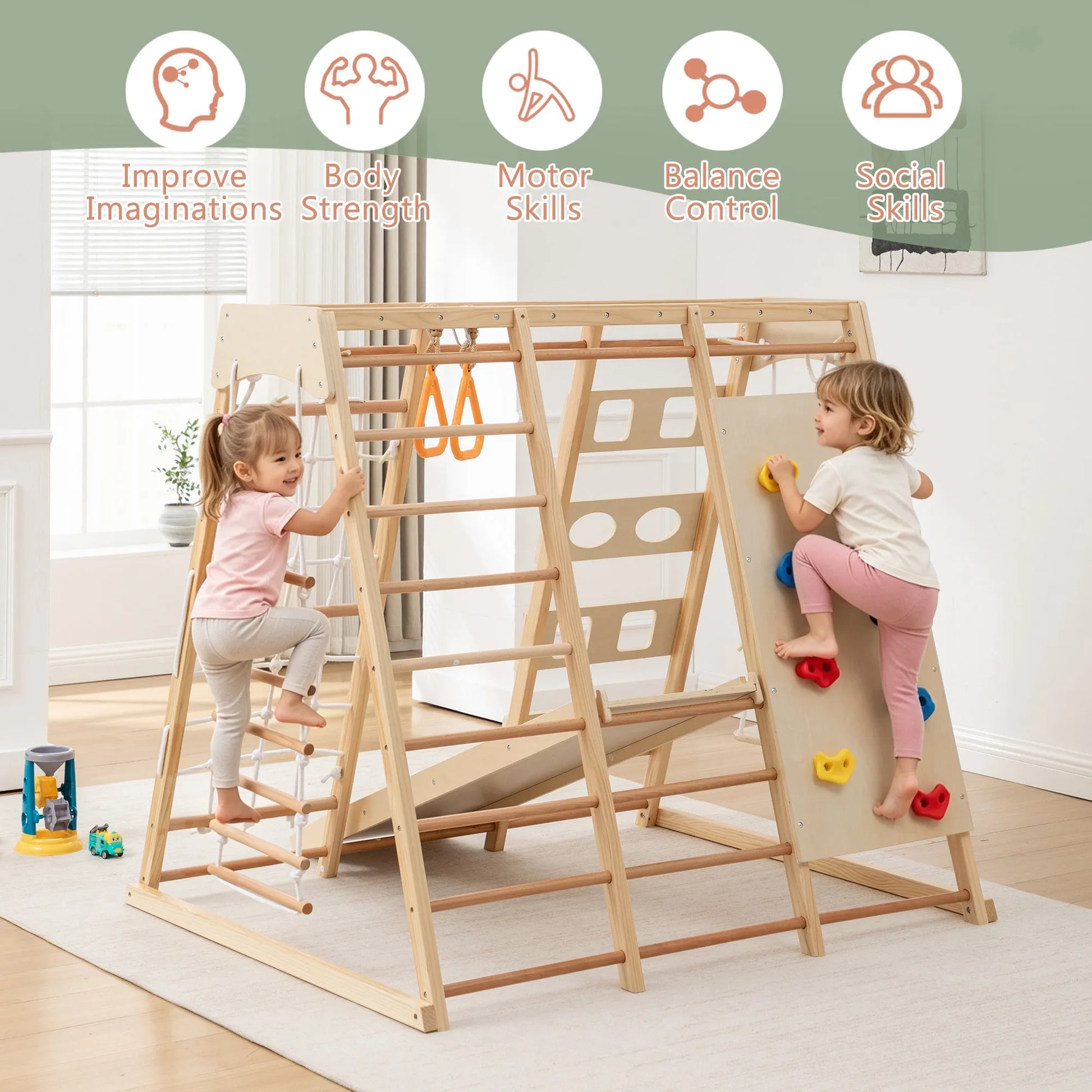 9-in-1 Slide and Climbing Wall for Toddlers 3+, Wooden Indoor Play Structure, Heavy Duty 176 lbs Capacity, Safe Rounded Edge Natural Wood, Balance & – view 7