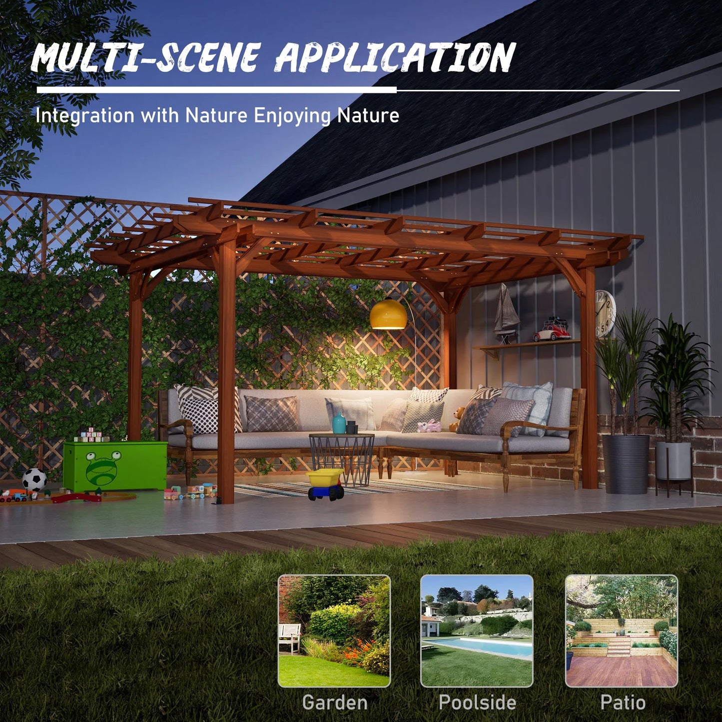 12 x 10 FT Outdoor Wood Pergola, Wooden Grape Pergola for Climbing Plant Support for Garden, Patio, Backyard, Deck, Brown – view 7