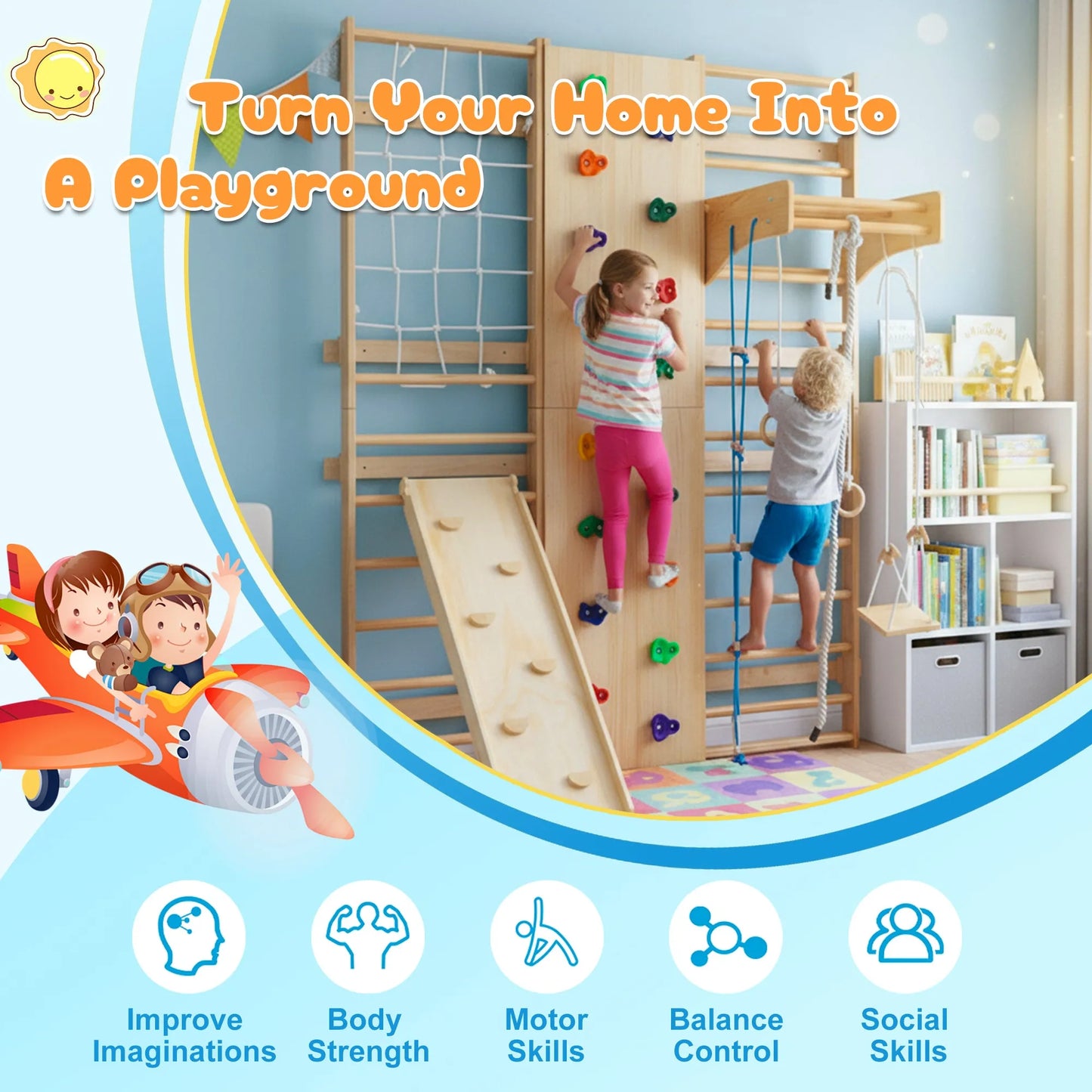 All-in-One 10-in-1 Indoor Climbing Set - Featuring a Rock Climbing Wall, Wooden Swings, Gymnastic Rings, Rope Ladders, and Stretching Equipment for a – view 7