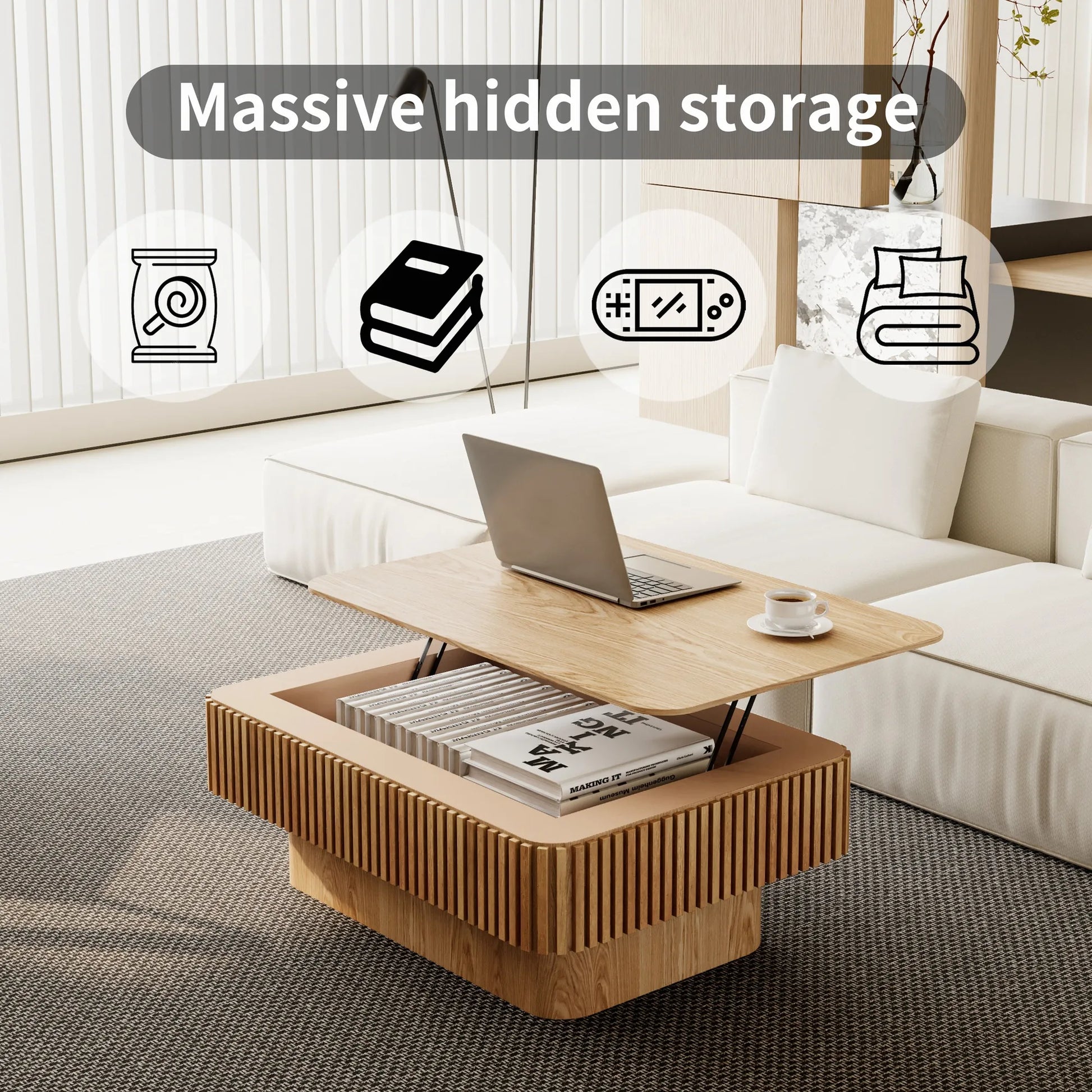 38.6'' Fluted Lift-top Coffee Table Solid Wood Veneered Modern Coffee Table Accent Tea Table with Storage and Adjustable Height for Living Room – view 7