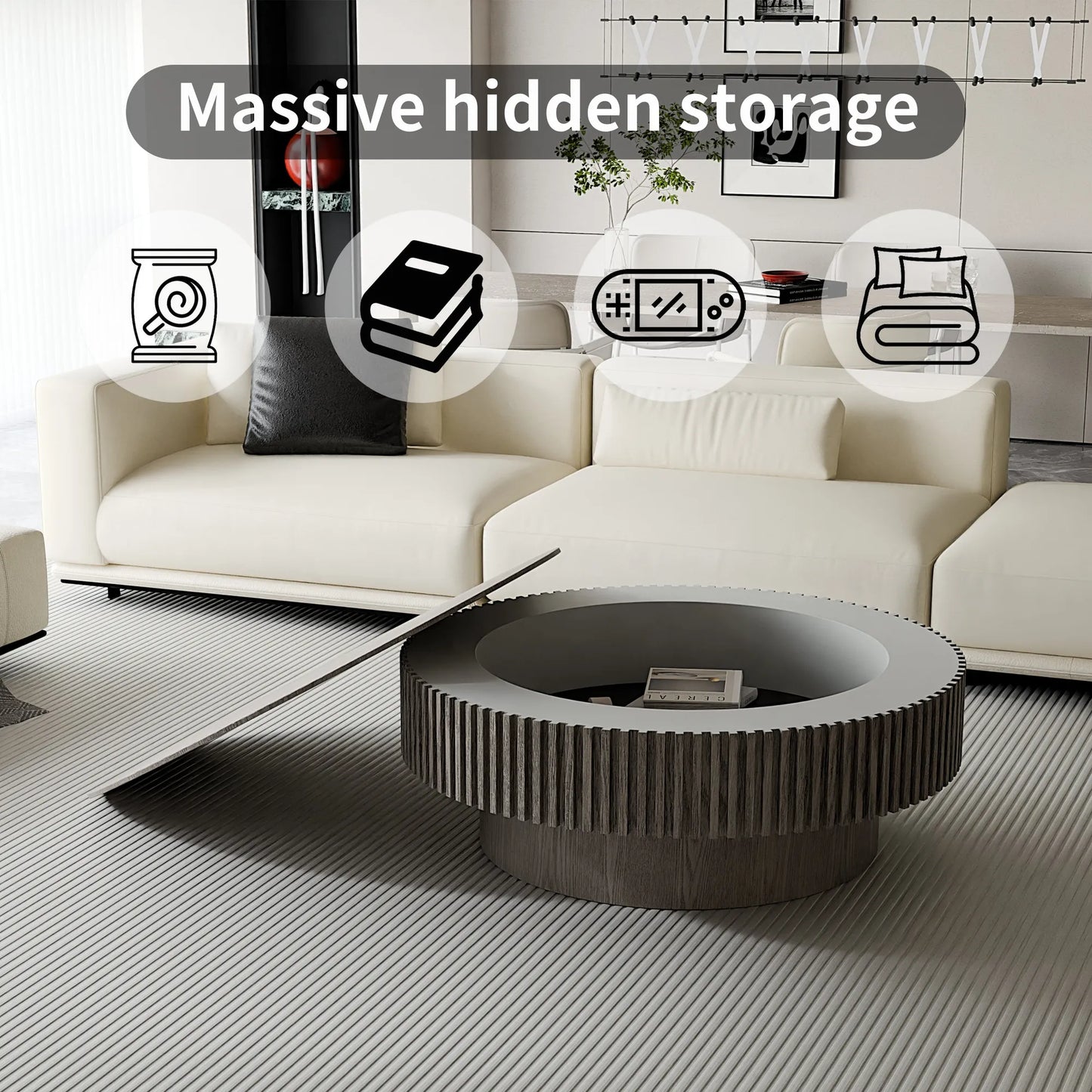 39.37'' Round Coffee Table with Storage Solid Wood Veneered Modern Coffee Table Accent Tea Table for Living Room, Bedroom, Apartment or Office, Grey – view 7
