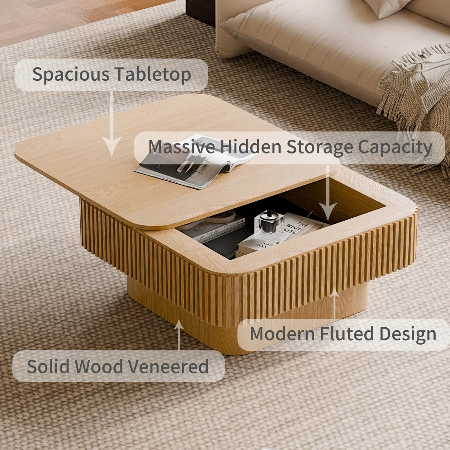 31.5'' Square Coffee Table with Storage Solid Wood Veneered Modern Coffee Table Accent Tea Table for Living Room, Bedroom, Apartment or Office – view 7