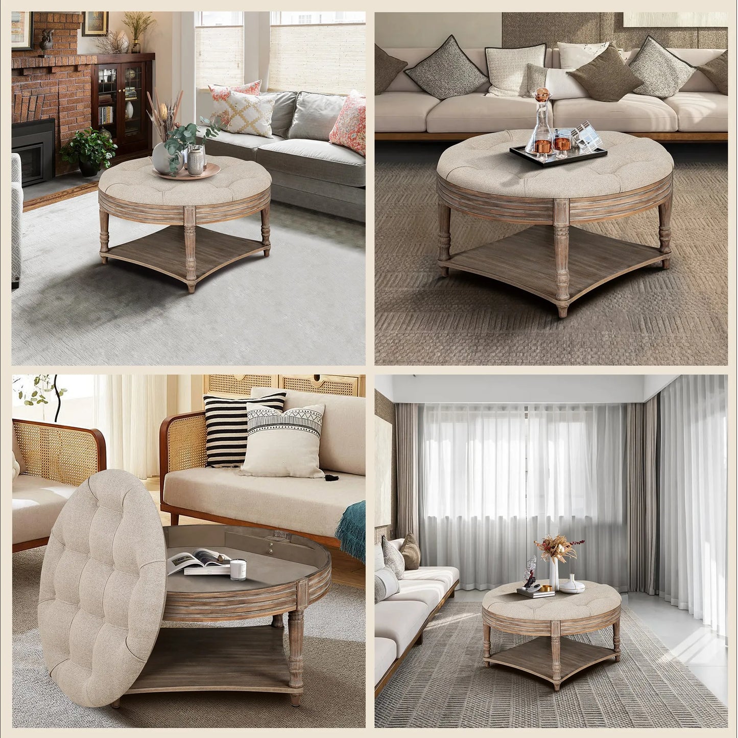 Large Round Waterproof Ottoman Coffee Table 2 Tier Oversized Button Tufted Ottoman with Wooden Shelf Storage Farmhouse Upholstered Coffee Table – view 7