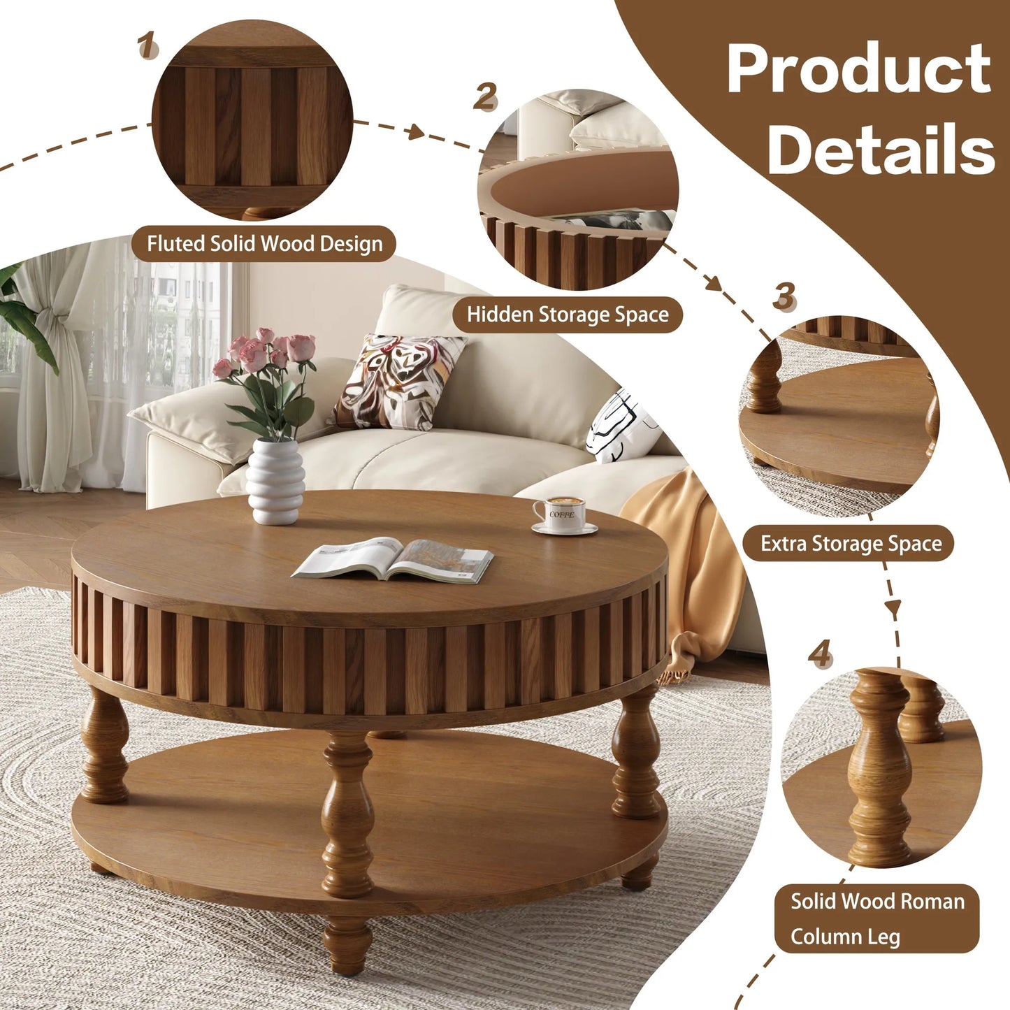 Farmhouse Fluted Coffee Table with Storage and Flip-Top Lids, Rustic Brown Center Table for Living Room with Spacious Hidden Storage, Sturdy Durable – view 7