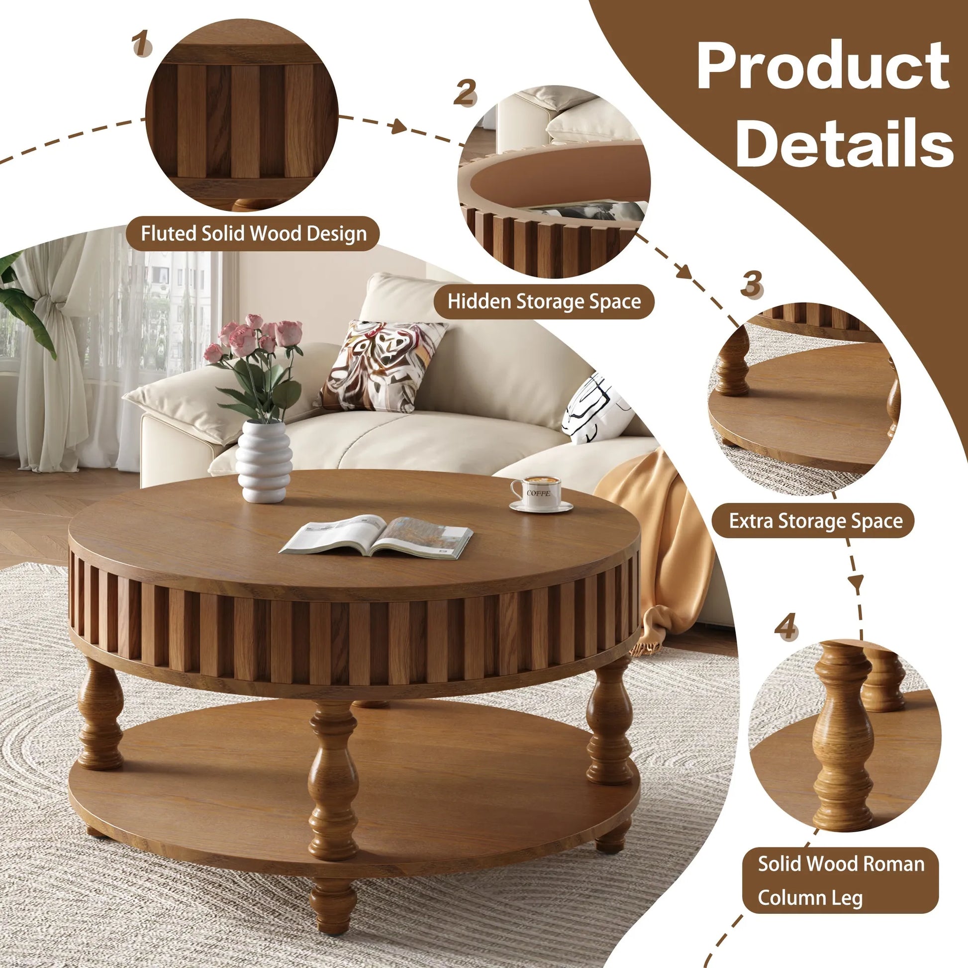 Farmhouse Fluted Coffee Table with Storage and Flip-Top Lids, Rustic Brown Center Table for Living Room with Spacious Hidden Storage, Sturdy Durable – view 7