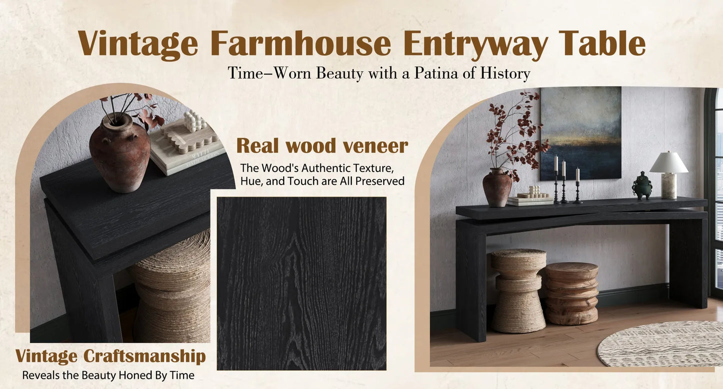 65-Inch Rustic Solid Wood Veneer Console Table, Long Farmhouse Entryway Sofa Table for Living Room, Hallway, Behind Couch, Apartment, Black – view 7