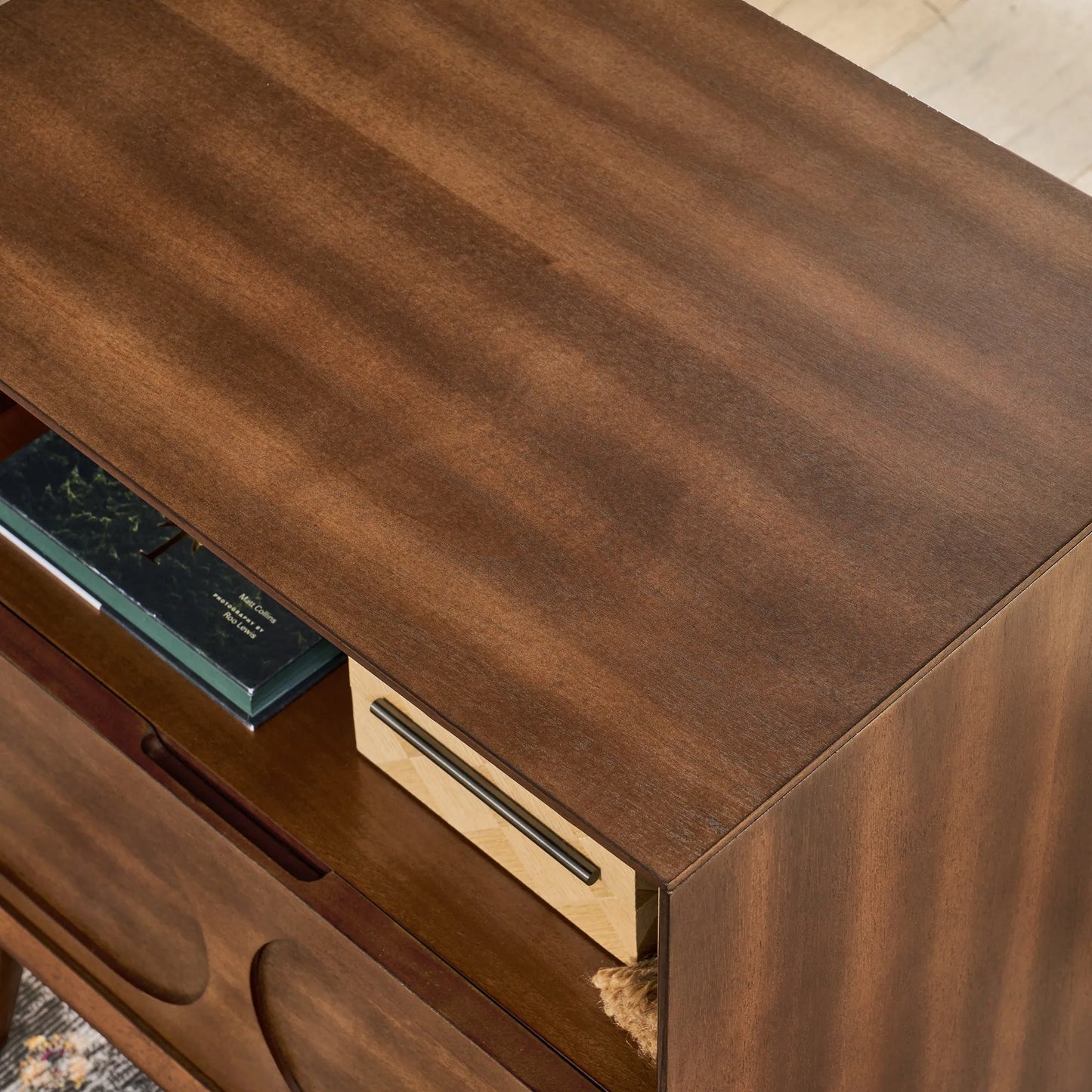 Mid Century Modern Fluted Nightstand with Charging Station USB Ports & Outlet Hole & 4 Solid Wood Legs, Farmhouse End Table with Open Space and – view 7