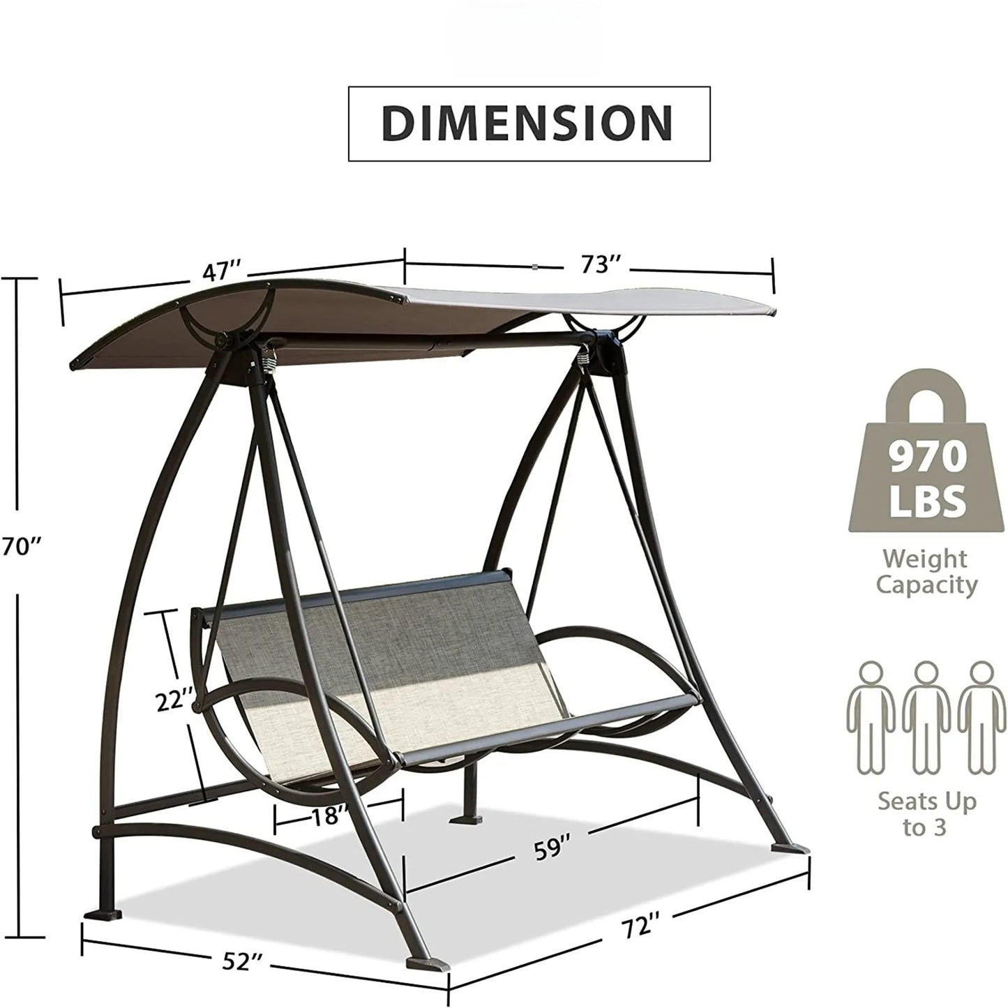 3-Seat Patio Swing Chair, Outdoor Porch Swing with Adjustable Canopy and Durable Steel Frame, Patio Swing Glider for Garden, Deck, Porch, Backyard – view 7
