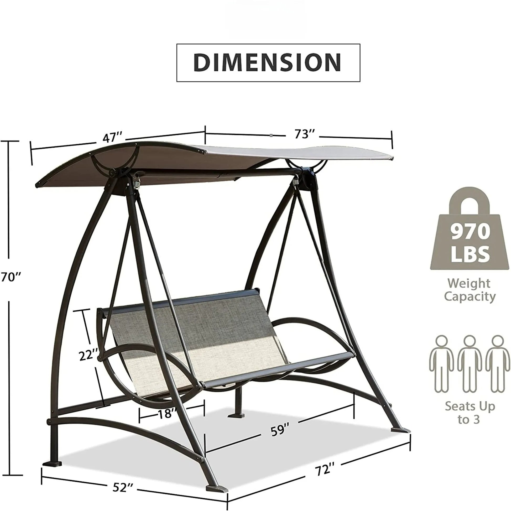 3-Seat Patio Swing Chair, Outdoor Porch Swing with Adjustable Canopy and Durable Steel Frame, Patio Swing Glider for Garden, Deck, Porch, Backyard – view 7