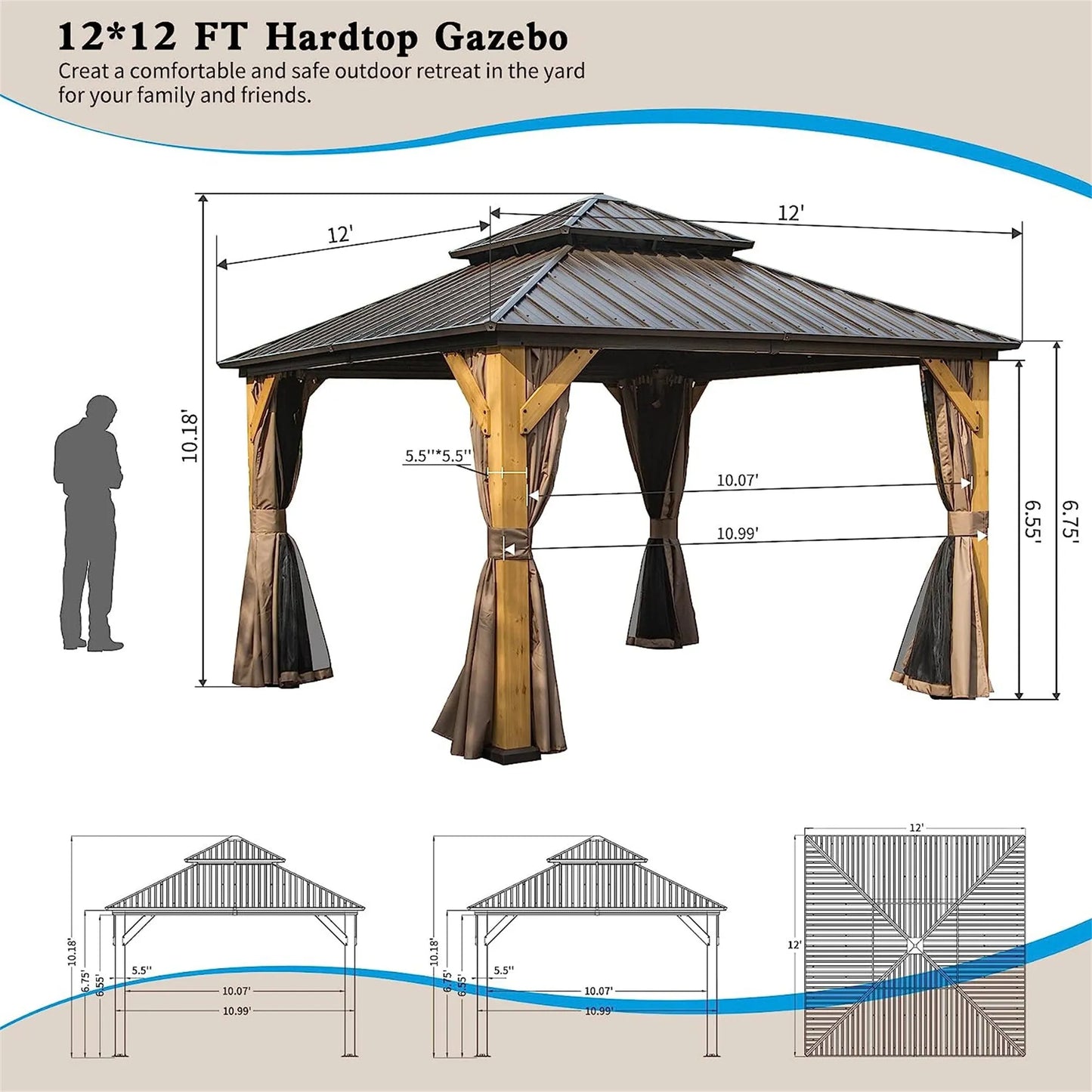 12'x12' Hardtop Gazebo, Outdoor Cedar Wood Frame Canopy with Galvanized Steel Double Roof, Outdoor Permanent Metal Pavilion with Curtains and Netting – view 7