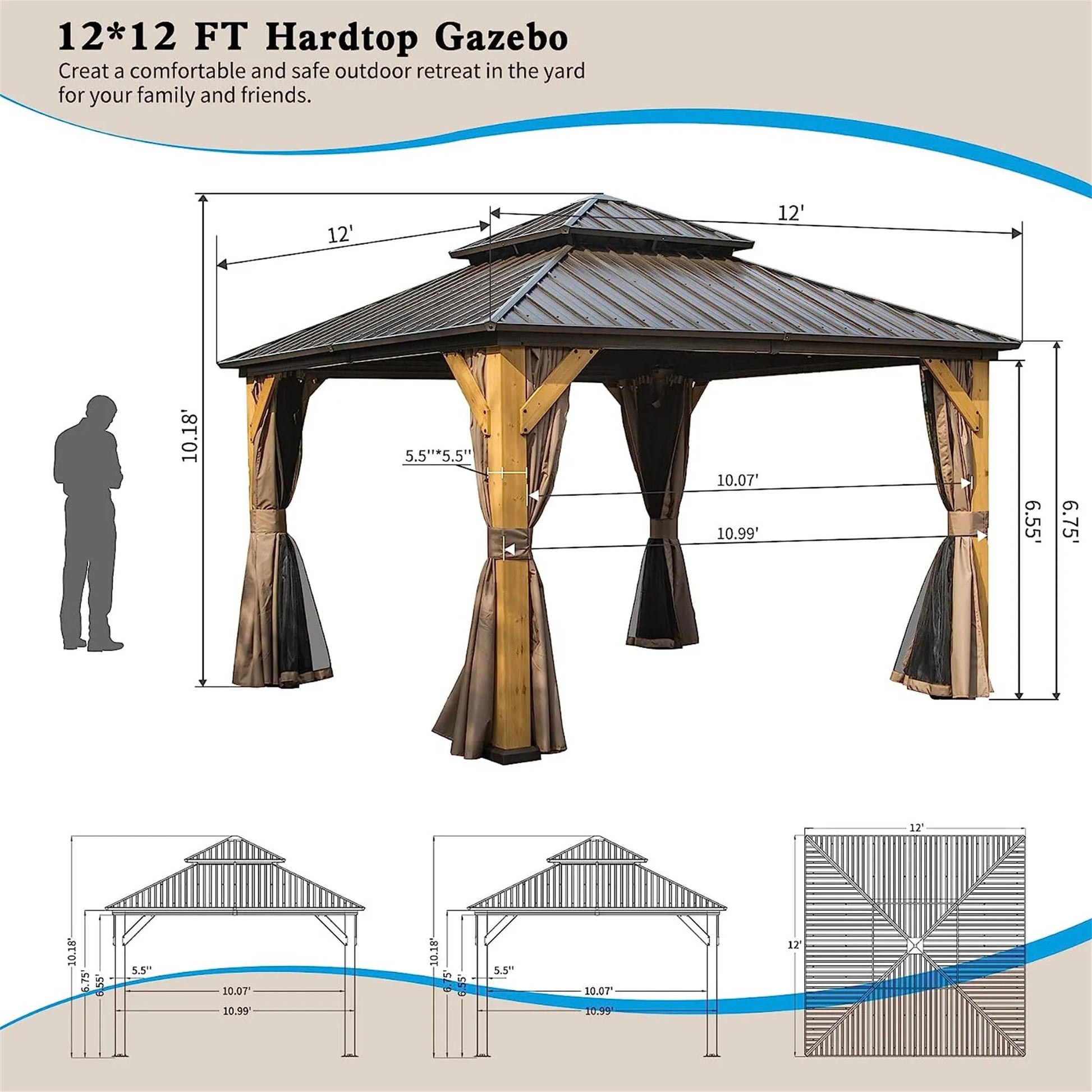 12'x12' Hardtop Gazebo, Outdoor Cedar Wood Frame Canopy with Galvanized Steel Double Roof, Outdoor Permanent Metal Pavilion with Curtains and Netting – view 7