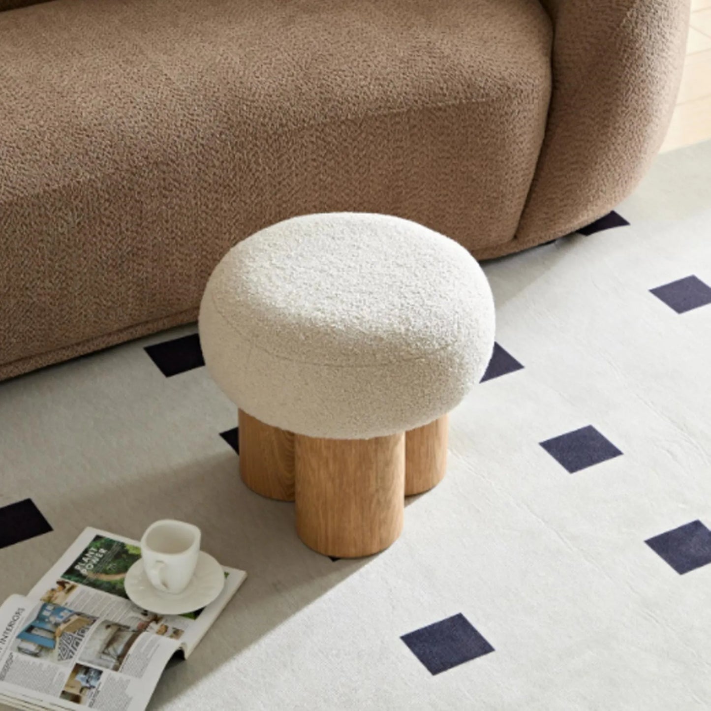 Mushroom Stool with Greige Plush Cushion, Wooden Barrel PVC Pipe, Walnut Finish – view 7