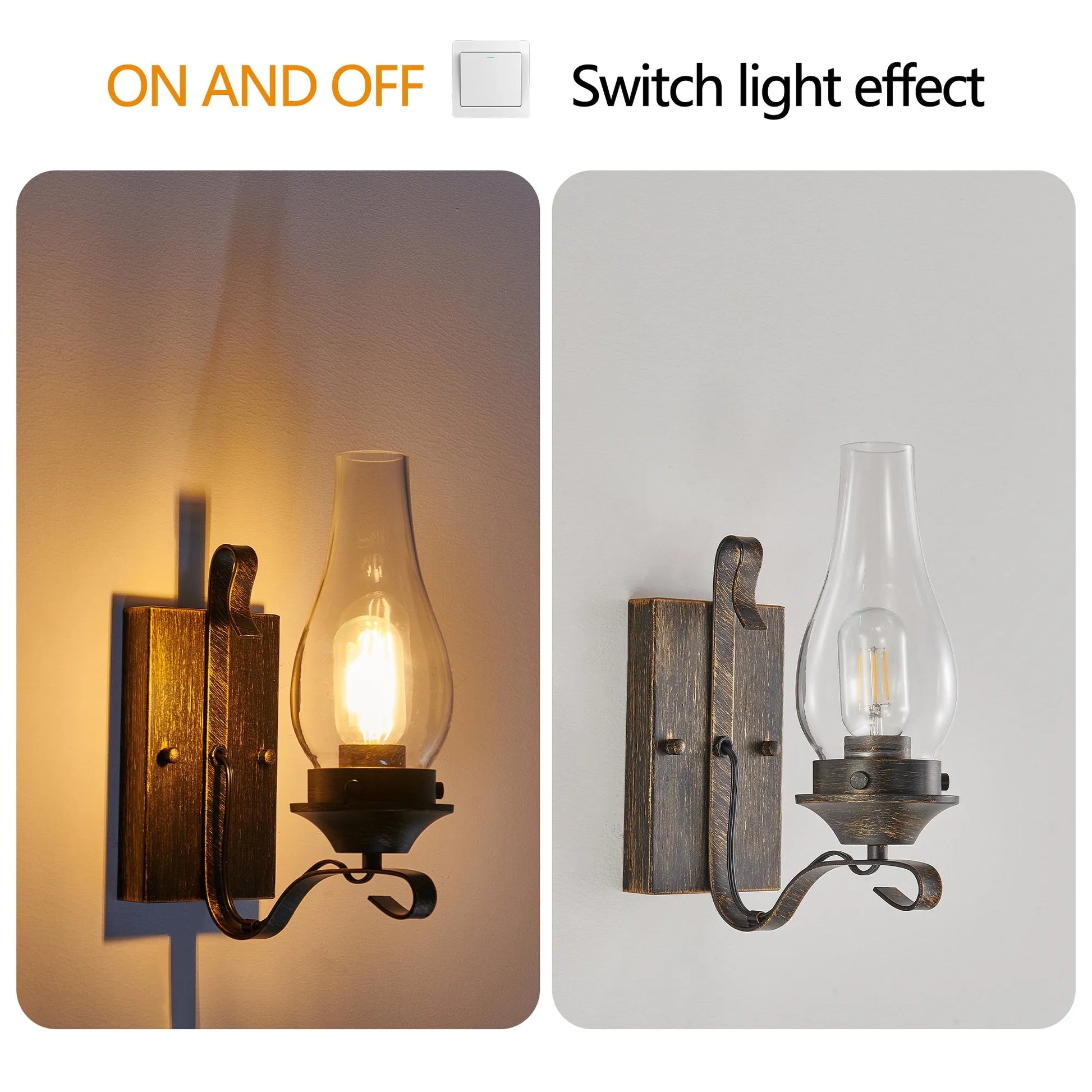 (Only Supports Hardwired) Rustic Farmhouse Wall Sconces Set of 2, Vintage Industrial Plug-in Wall Lights with Clear Glass Shade, Black and Gold – view 7