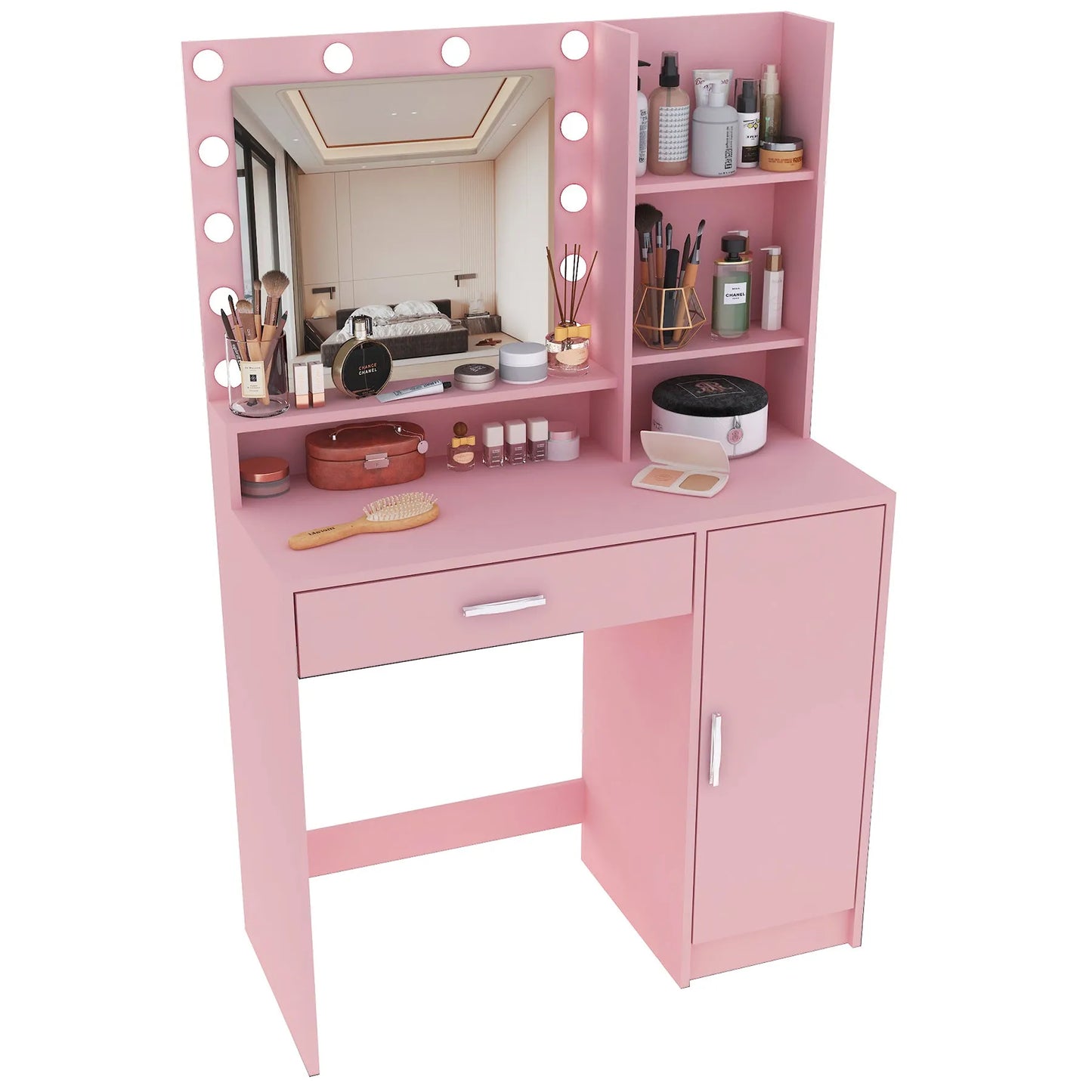 Vanity Desk with Mirror & Light, Large Drawer Three Level Storage Dresser, 3 Lighting Modes Adjustable Brightness, Bedroom Dressing Table(Pink) – view 7