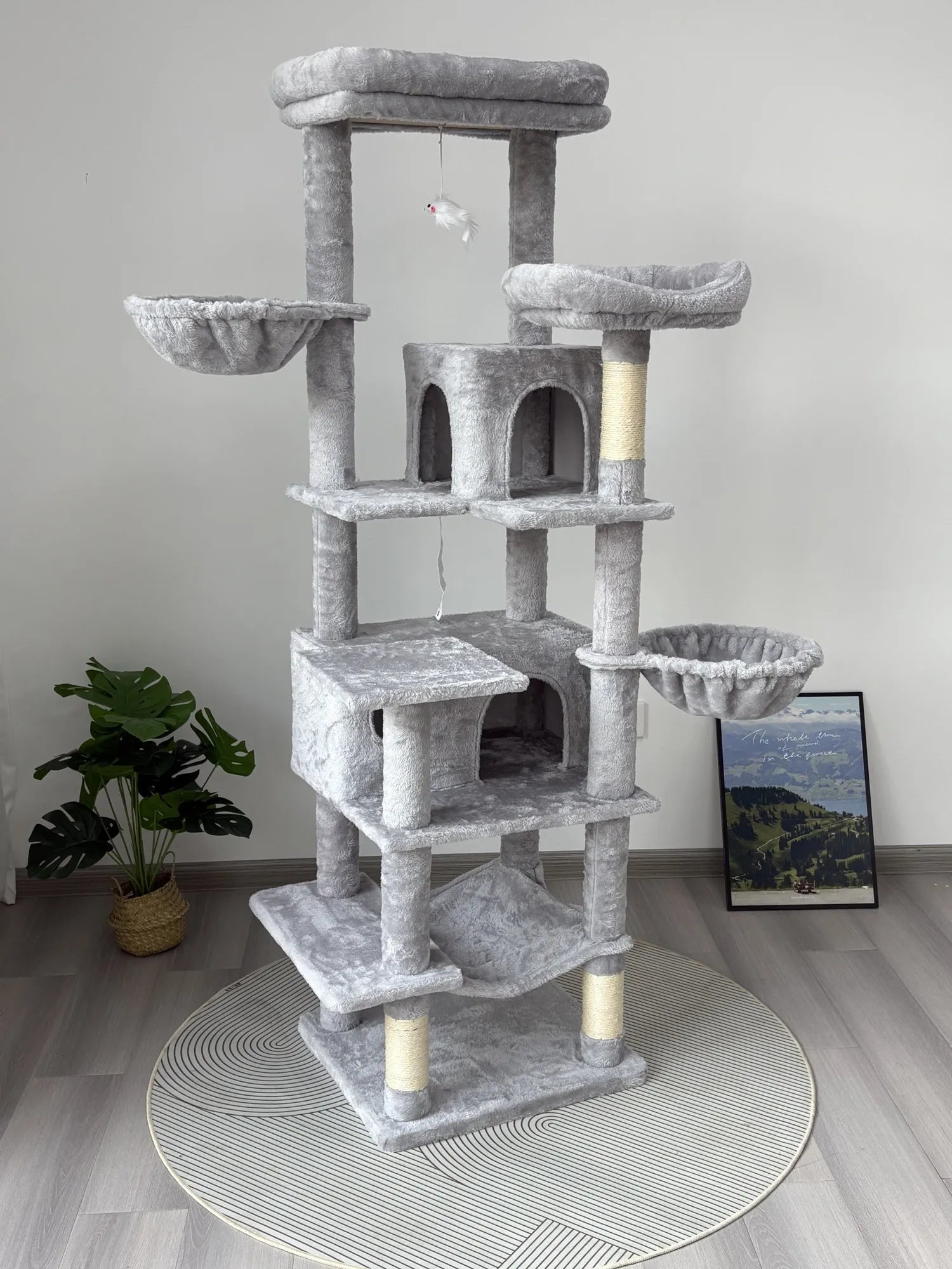 68in Tall Multi-Level Green Cat Tree with Hammocks, Hanging Basket, Cat Cave, Removeable Cushion, Scratching Posts - Plush Cat Tower for Indoor Cats – view 7
