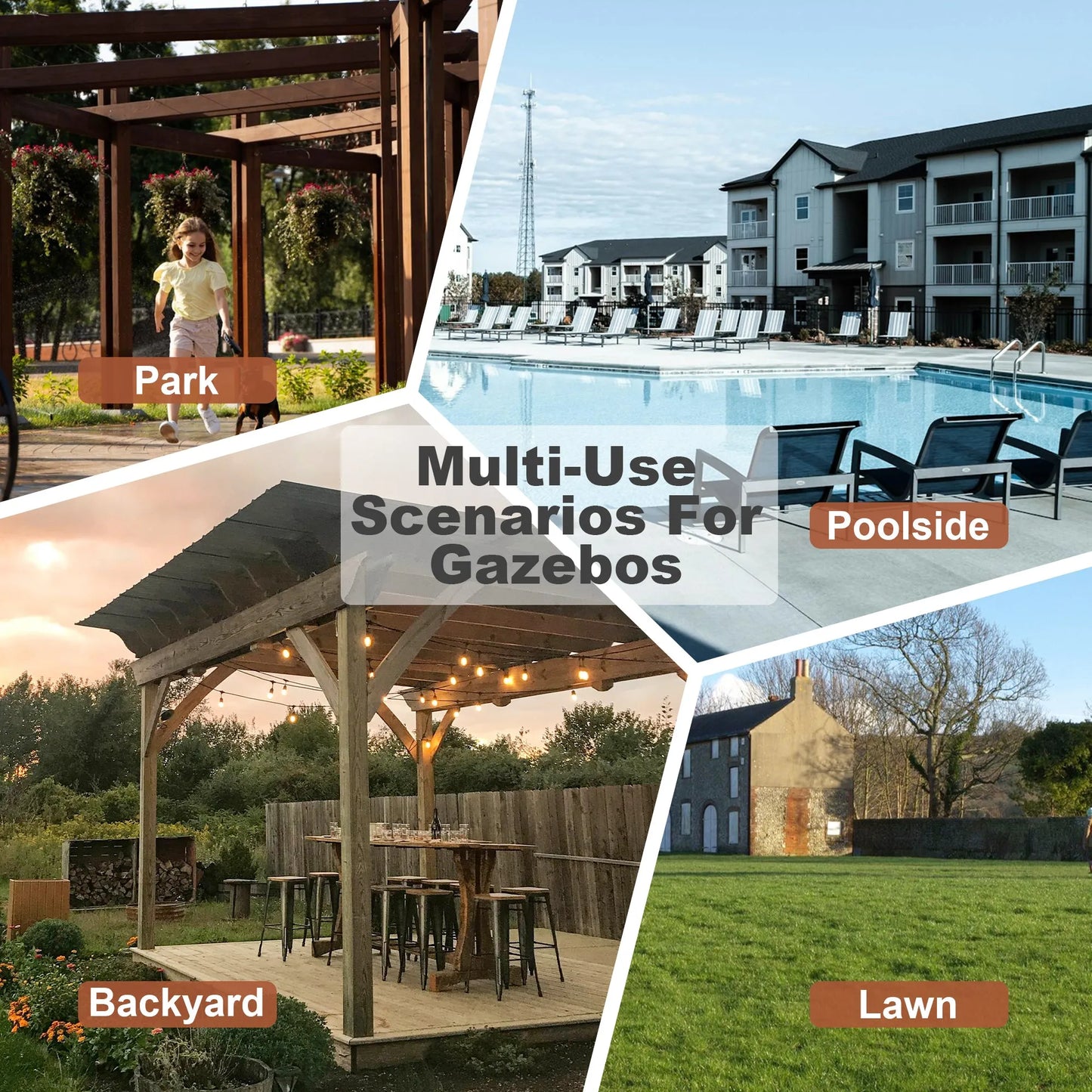 13' x 6.5' Wooden Pergola Grill Gazebo with Metal Roof & Bulbs & Bar Counters – view 7