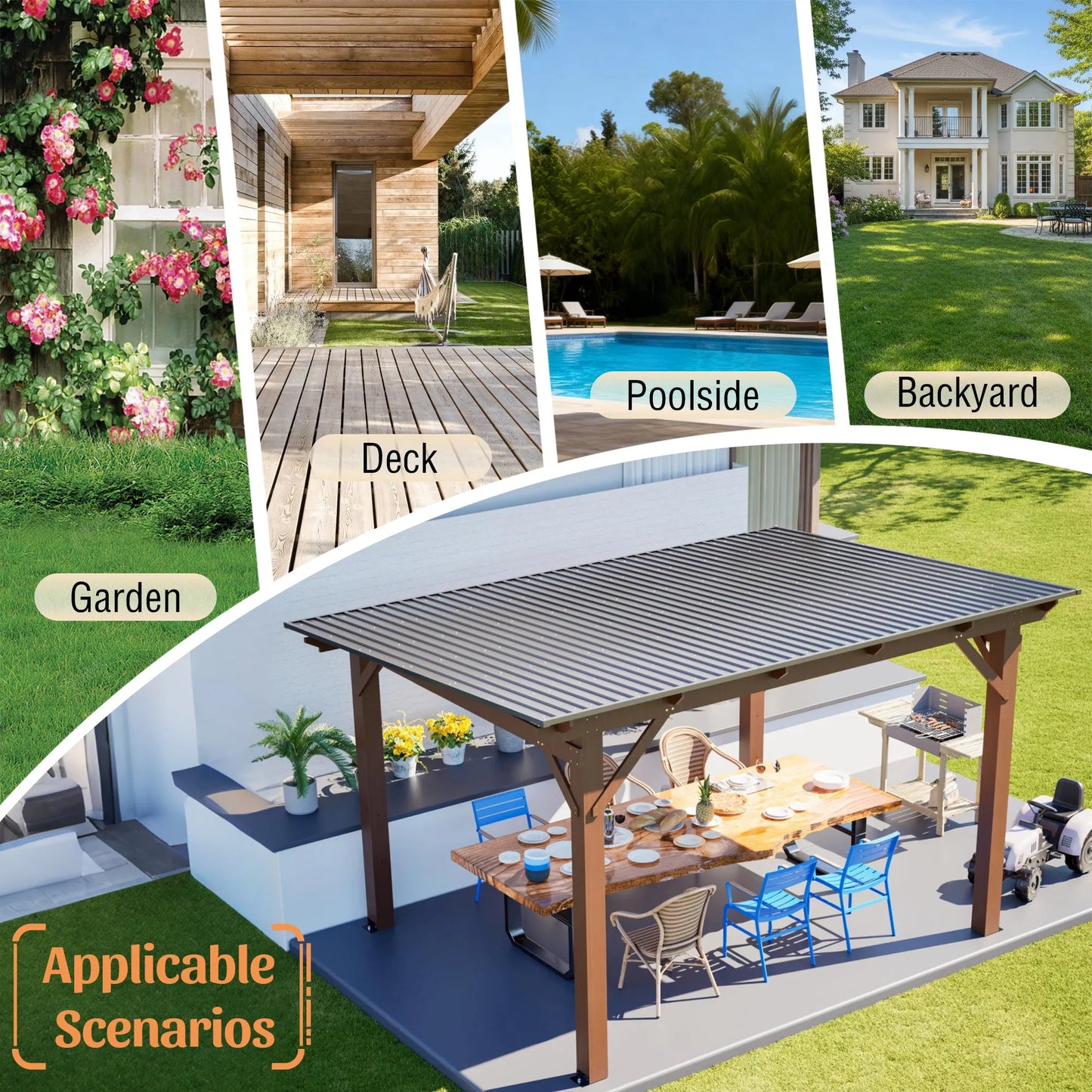13x10ft Wooden Garden Gazebo with Metal Roof, Spacious Outdoor Patio Shade Structure for Backyard & Garden – view 7