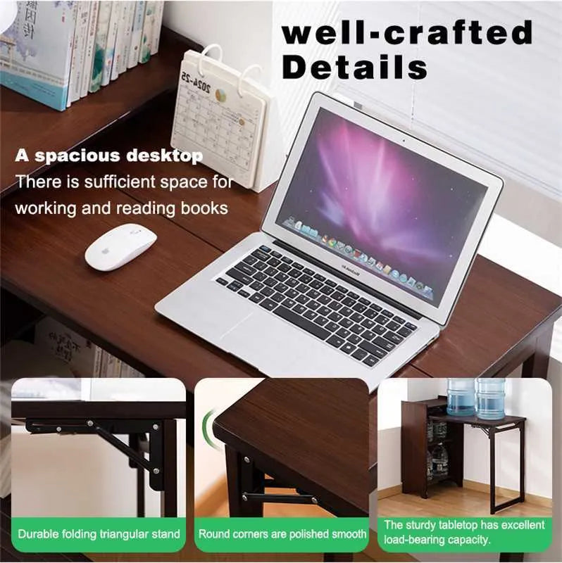 Bamboo Folding Desk, Foldable Desk for Small Space, Computer Desk with Hidden Storage, Mid Century Foldable Table for Home Office and Bedroom (Walnut – view 7