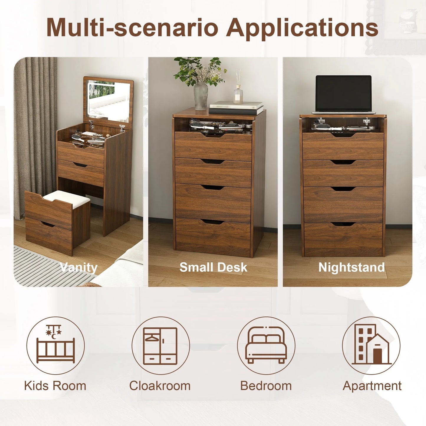 3-in-1 Vanity Desk with Lighted Mirror & Stool, Flip Top Makeup Dressing Table in Walnut Finish, Compact Storage for Bedroom, Bathroom, or Dressing – view 7