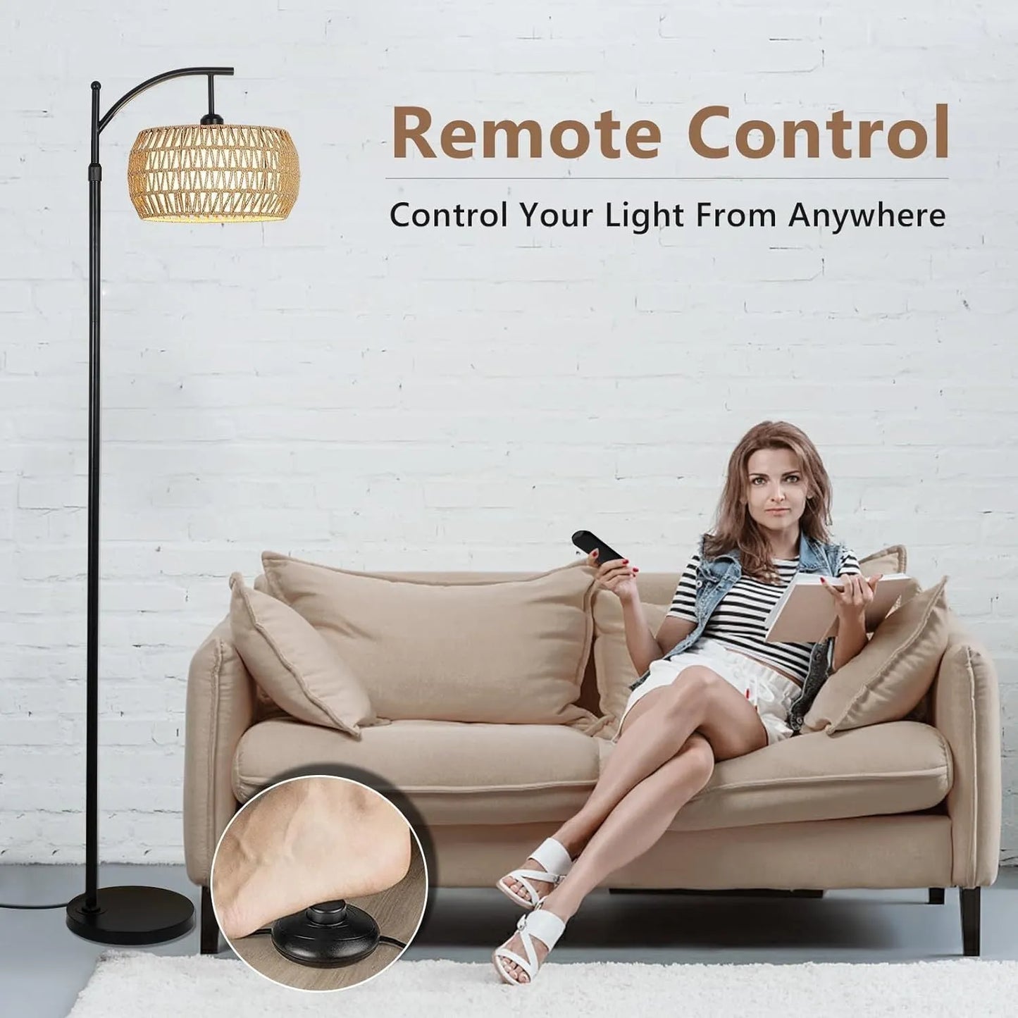 Arc Floor Lamp with Remote Control, Dimmable LED Floor Lamp with 3 Color Temperature, Black Standing Lamp with Rattan & Fabric Double Drum Shade – view 7