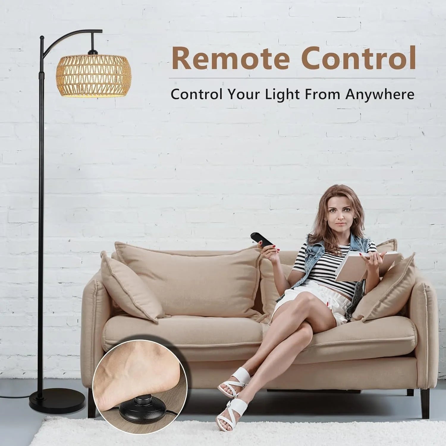 Arc Floor Lamp with Remote Control, Dimmable LED Floor Lamp with 3 Color Temperature, Black Standing Lamp with Rattan & Fabric Double Drum Shade – view 7