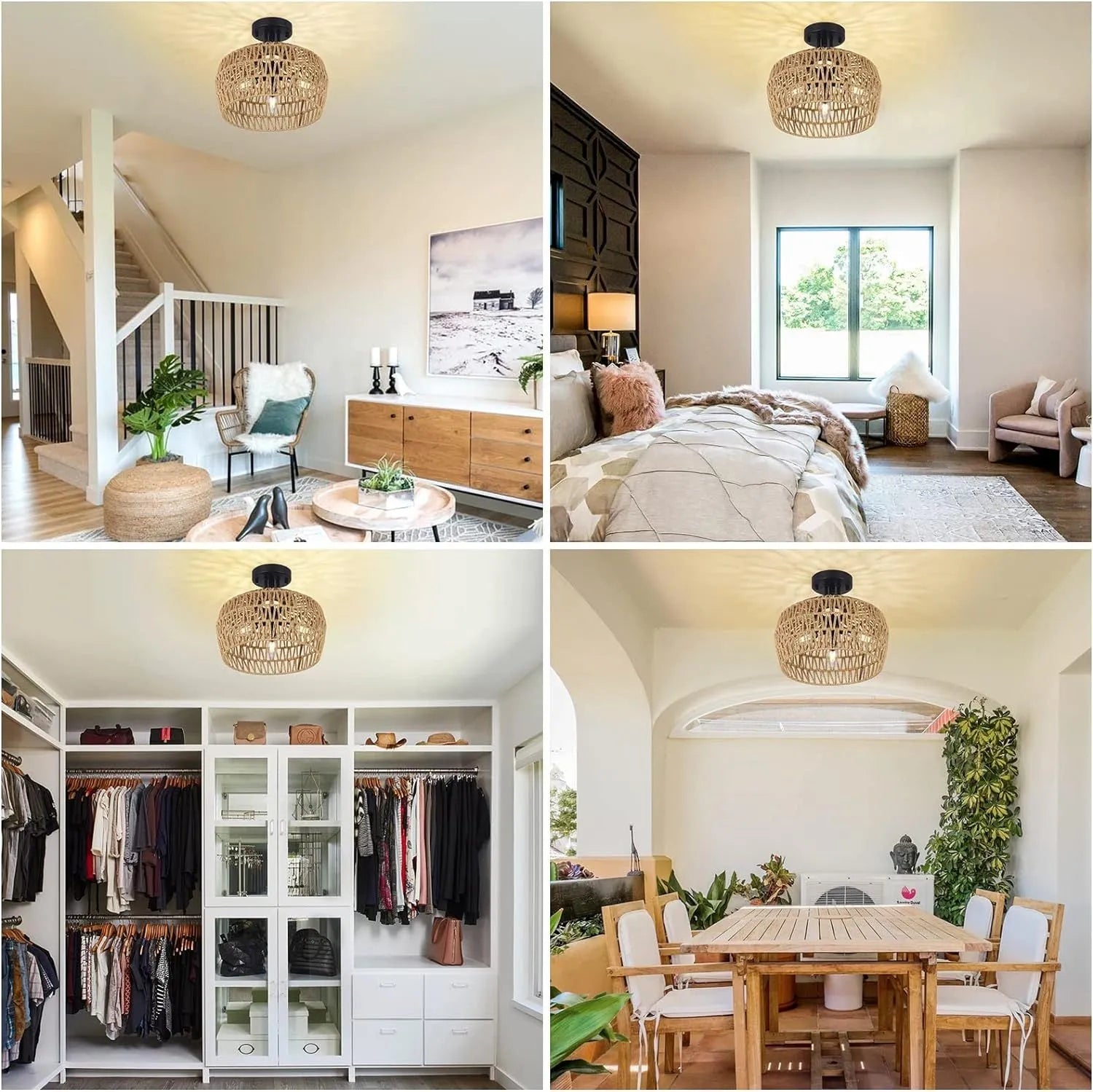 Semi Flush Mount Ceiling Light, Rattan Light Fixture Ceiling Mount with Handmade Wicker Lampshade, 3-Lights Boho Chandelier, Woven Close to Ceiling – view 7