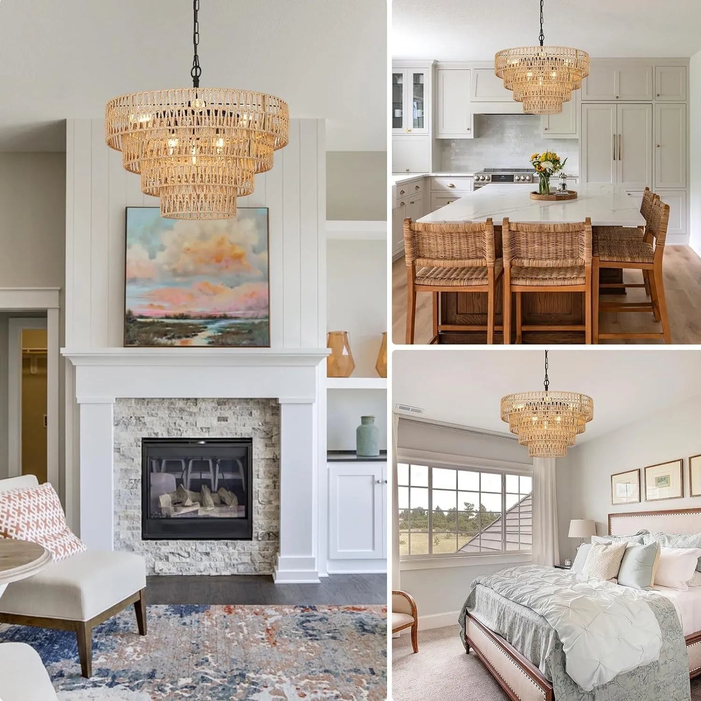 Boho Rattan Chandelier, 6-Light Dining Room Light Fixture, Wicker Pendant Lighting with 4-Tier Woven Lampshade, Large Farmhouse Chandeliers for – view 7