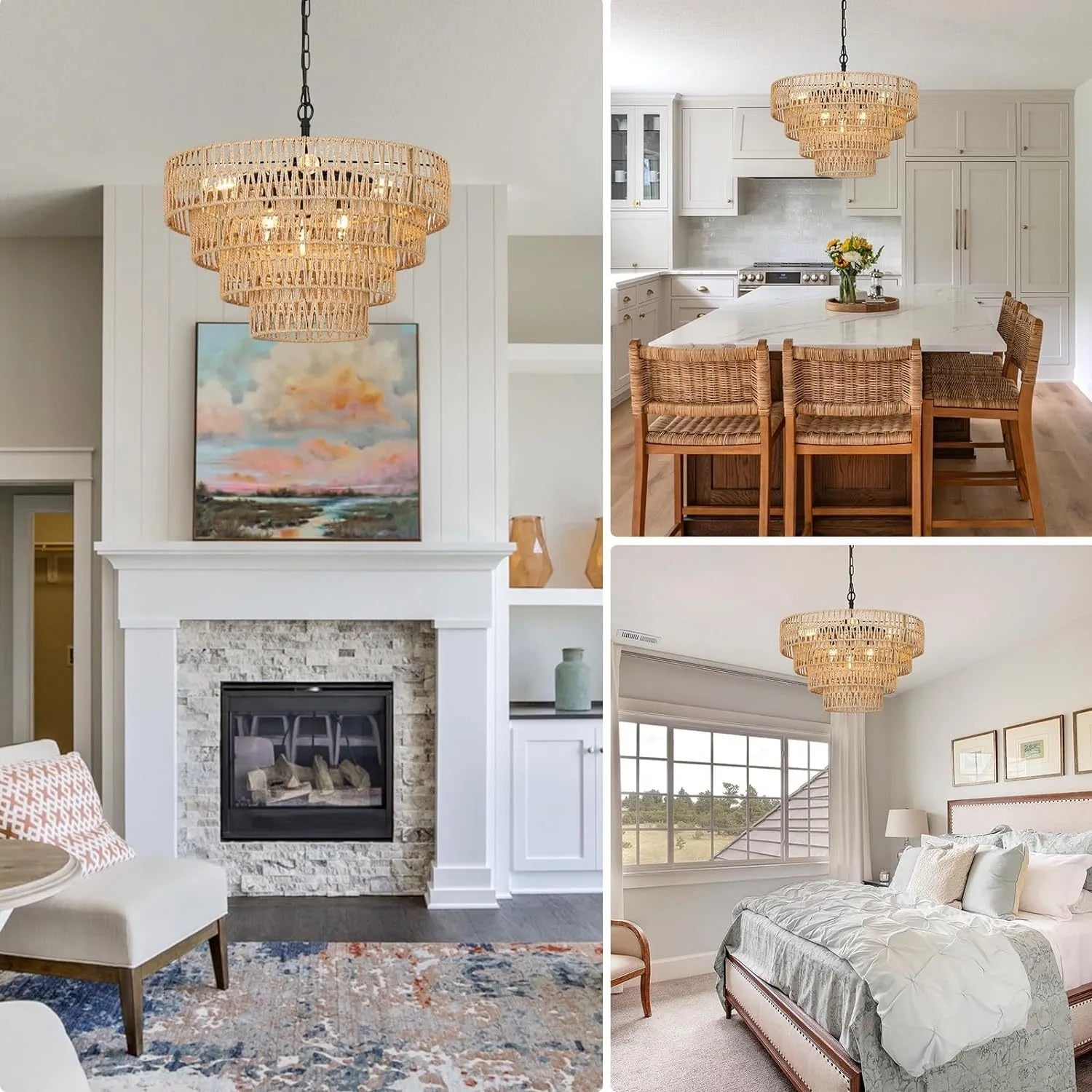 Boho Rattan Chandelier, 6-Light Dining Room Light Fixture, Wicker Pendant Lighting with 4-Tier Woven Lampshade, Large Farmhouse Chandeliers for – view 7