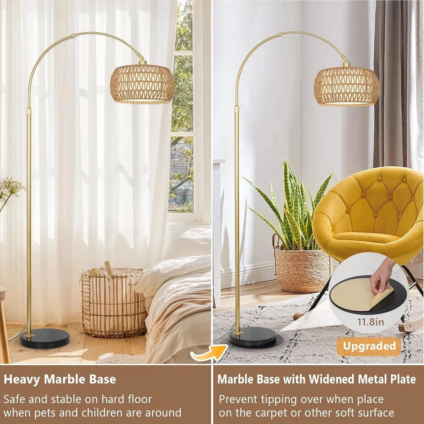 Gold Floor Lamps for Living Room, Arc Floor Lamp with Remote & Dimmable Bulb, Boho Rattan Standing lamp with 3 Color Temperatures, Height Adjustable – view 7