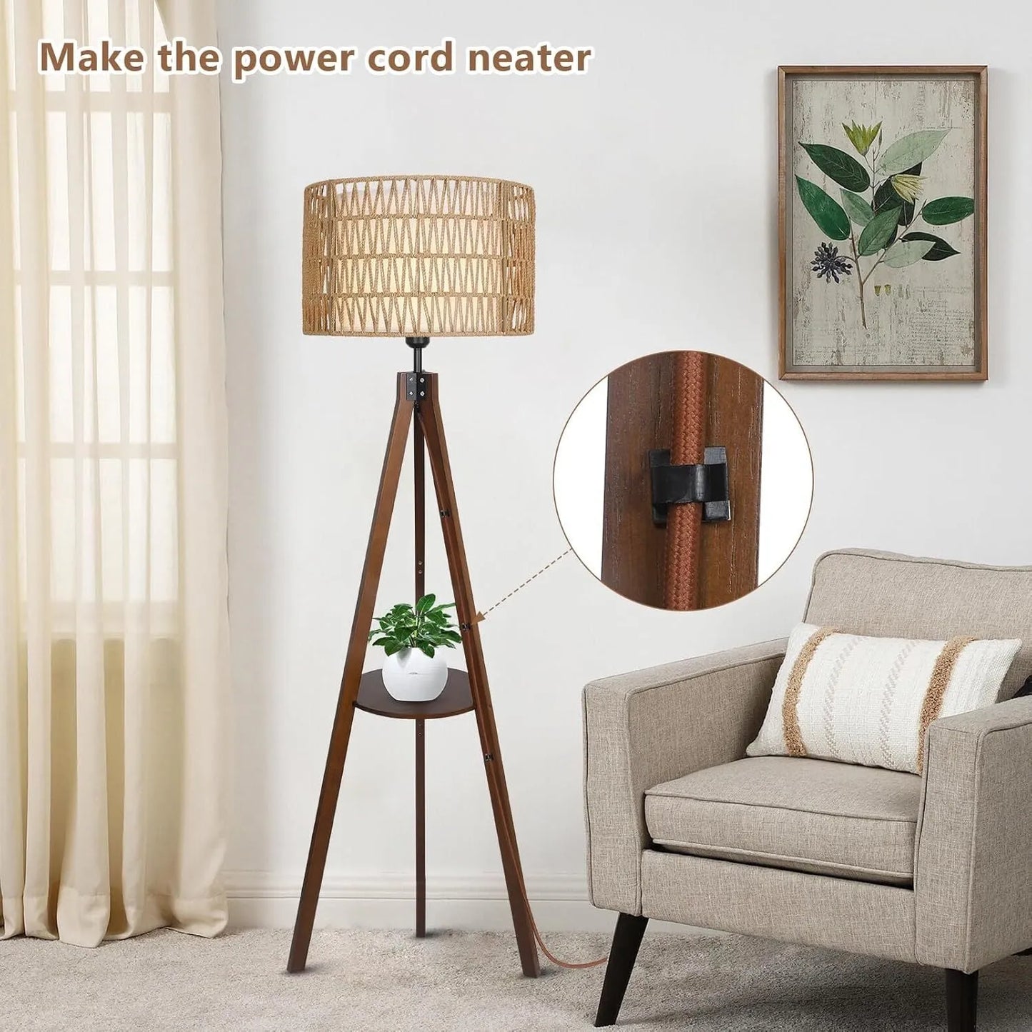 Boho Tripod Floor Lamp with Shelves, Mid Century Wood Standing Lamp with Rattan & Fabric Shades, ON/Off Foot Switch, Modern Farmhouse Tall Floor – view 7