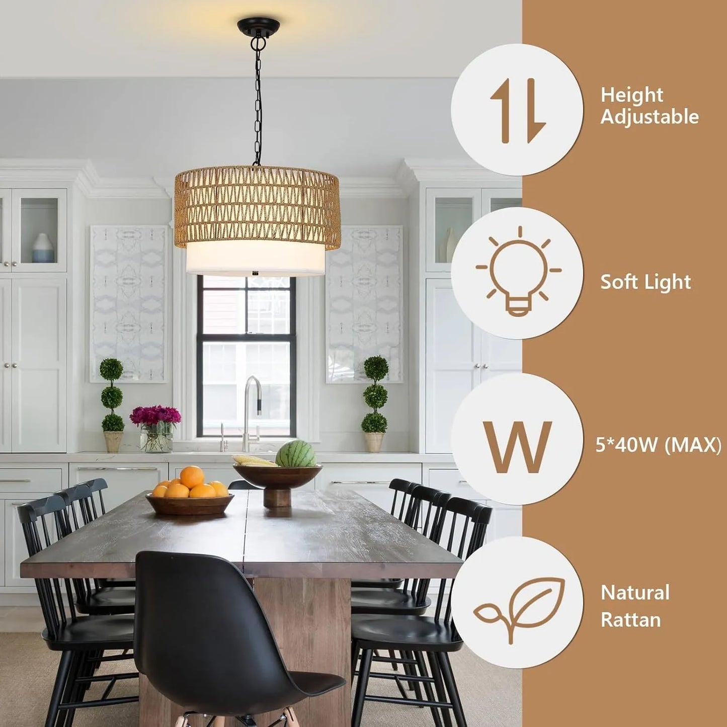 Farmhouse Chandeliers for Dining Room,5-Light Rattan Boho Chandelier Light Fixture with Fabric Shade,Hand Woven Large Rattan Dining Room Light – view 7