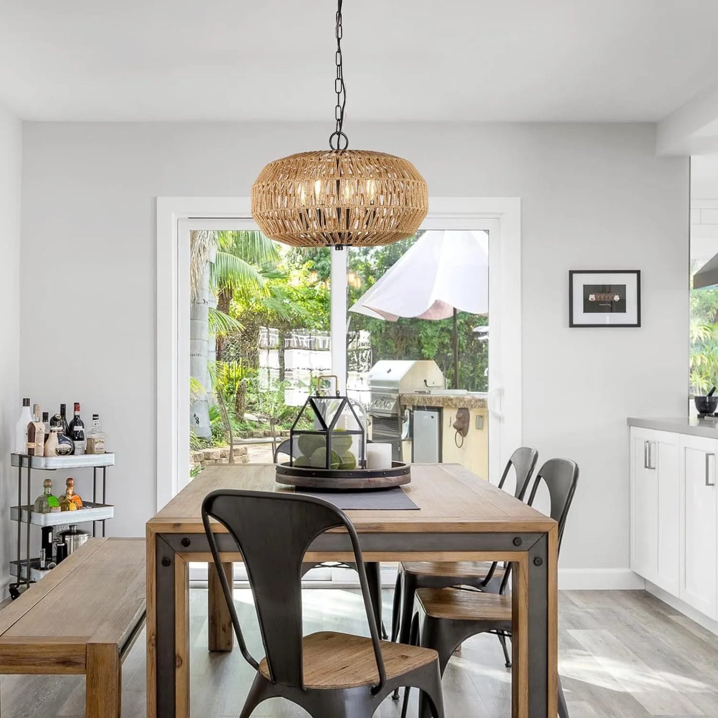 Farmhouse Rattan Pendant Lights, 15.7' 4-Light Boho Chandelier Light Fixture, Wicker Hand Woven Basket Pendant Hanging for Dining Room Living Room – view 7