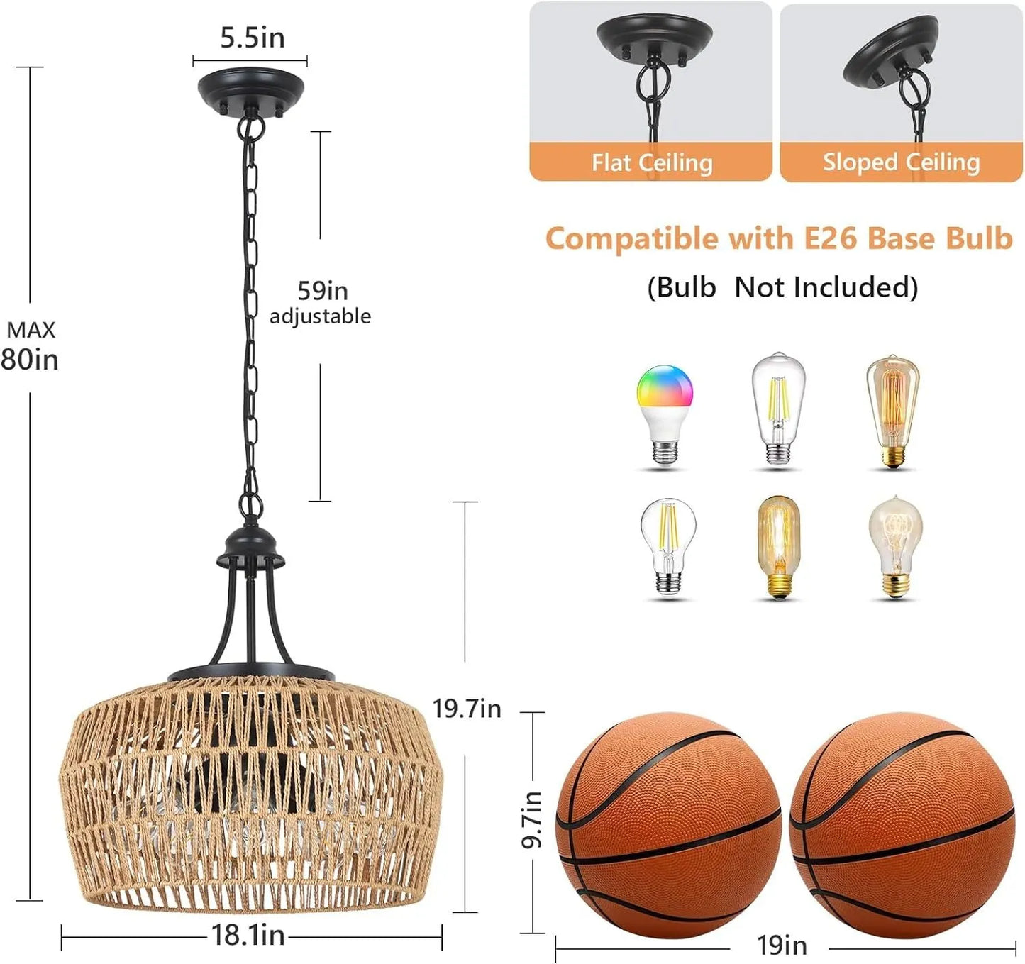 Large Farmhouse Chandeliers for Dining Room, 5-Light Rattan Boho Chandelier Light Fixture with Wicker Lampshade, Coastal Hanging Pendant Lighting for – view 7