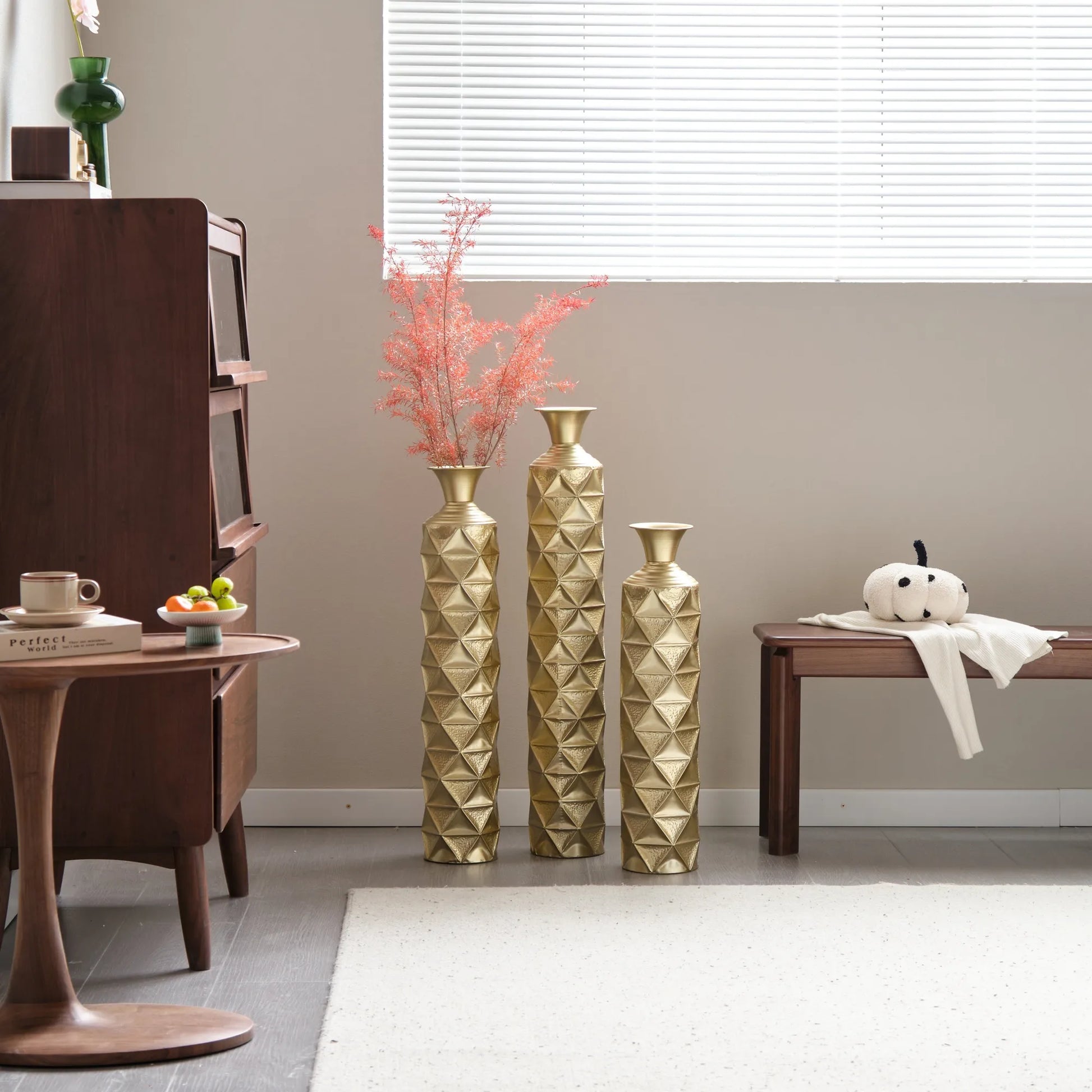 Metal Decorative Vase High Distress Metal Center Vase With 3D Triangle Pattern, Set Of 3 Vases for Home Decoration 33.5', 29.5', 25.2'High, Gold – view 7