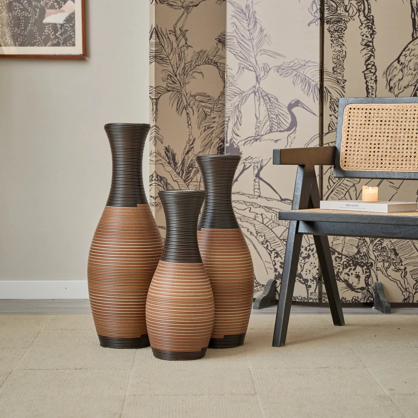 Set Of 3 Designer Floor Vases, Large Vases for Home Décor Flooring, Artificial Rattan Floor Vases, Brown Floor Vases for Living Rooms or Corridors – view 7