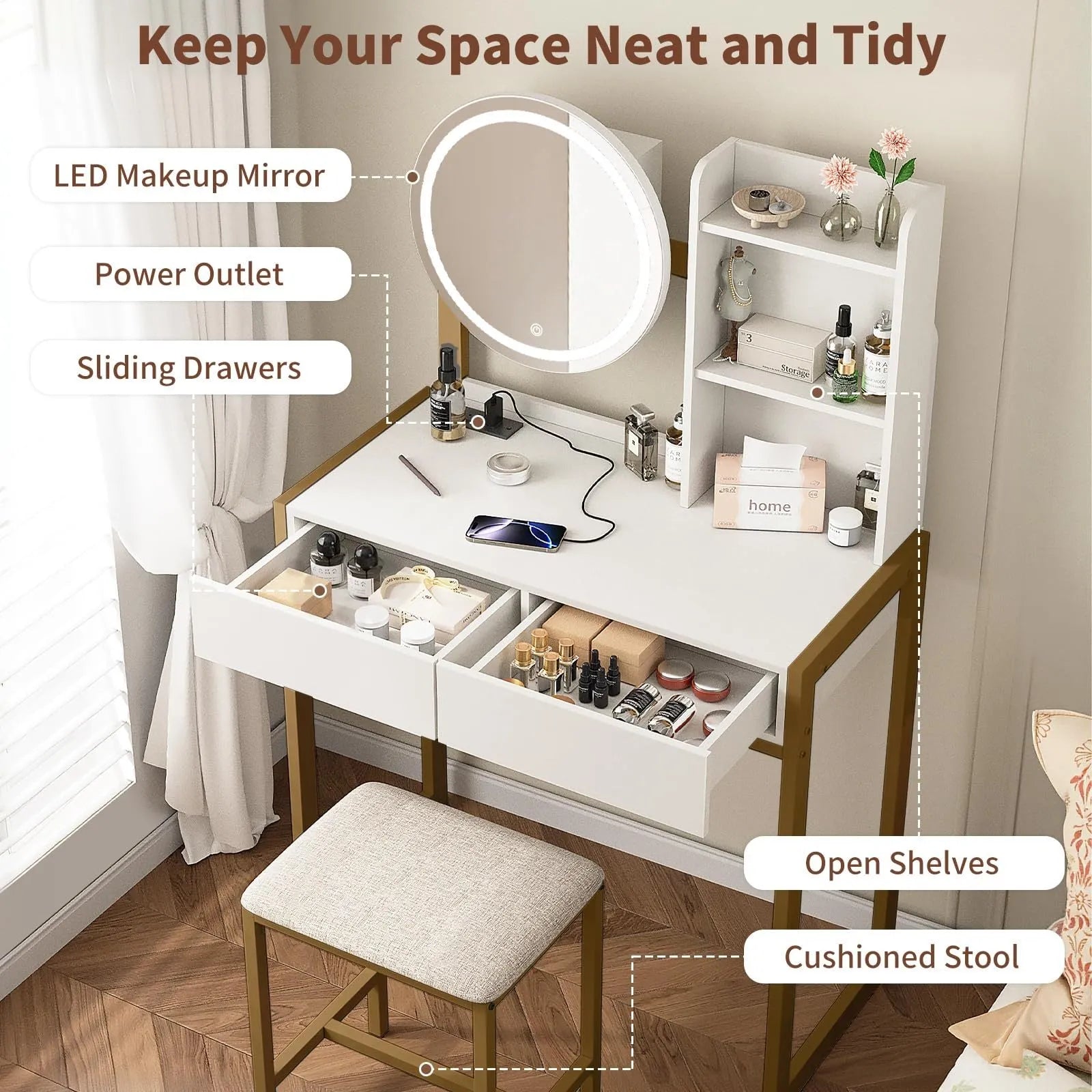 Small Vanity Desk with Mirror and Lights, Makeup Vanity Table with LED Mirror, 3 Lighting Modes, Power Outlet, Drawer, Open Shelves and Cushioned – view 7