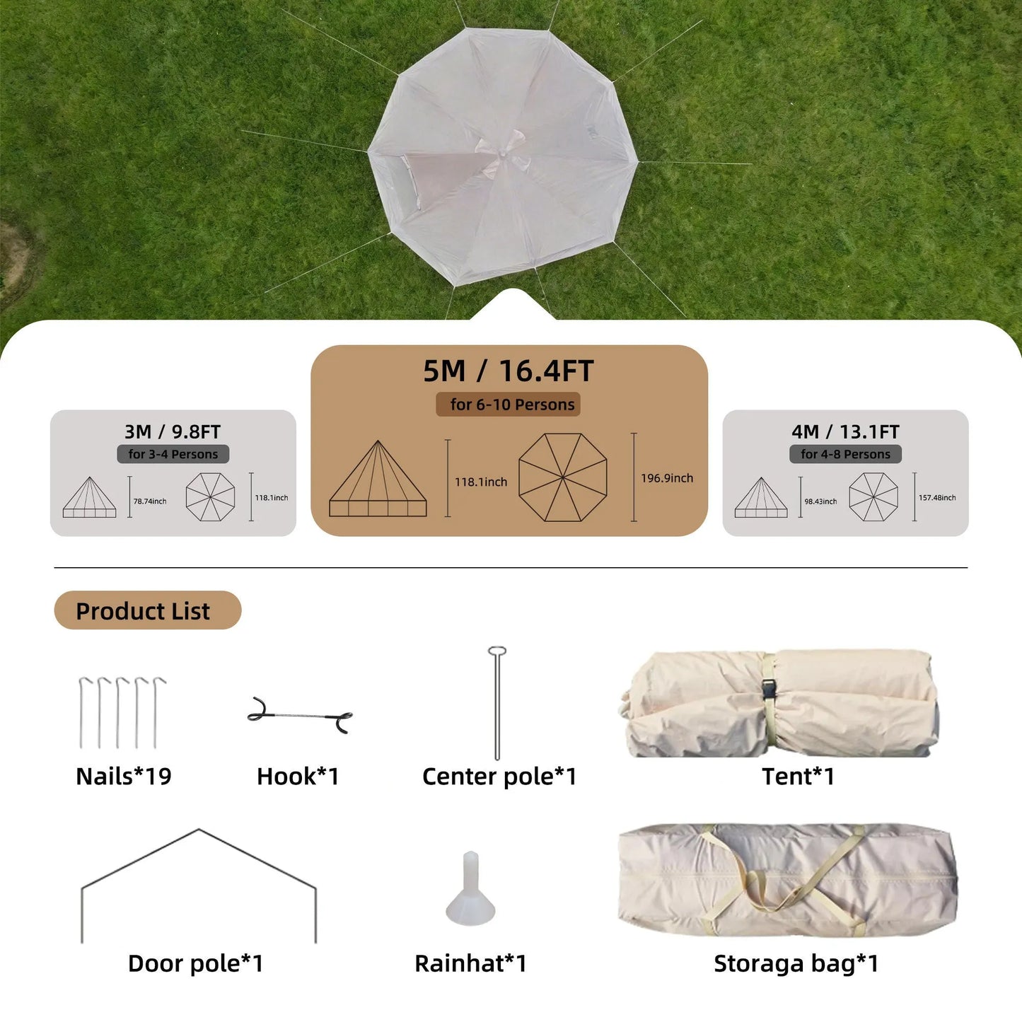 4 Season Bell Tent 16.4FT, Beige Waterproof Glamping Yurt Tent with Stove Jack, Fits 10 People Family Camping Tent for Outdoor Parties & Camping – view 7