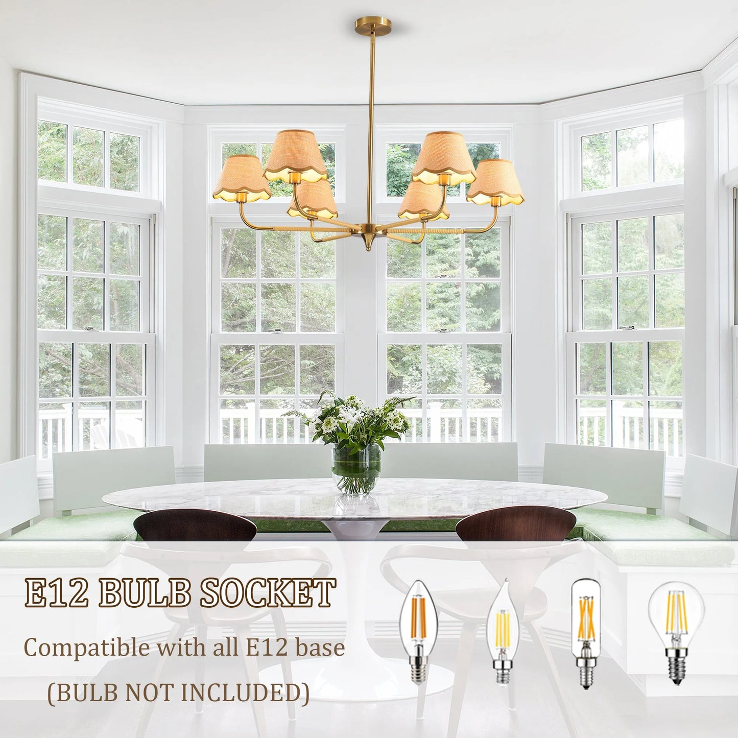 38' Gold 6-lamp Chandelier with Hand-Woven Rattan Lampshade, Mid-Century Hanging Pendant Light Fixture for Dining Room, Living Room, or Kitchen (Bulb – view 7
