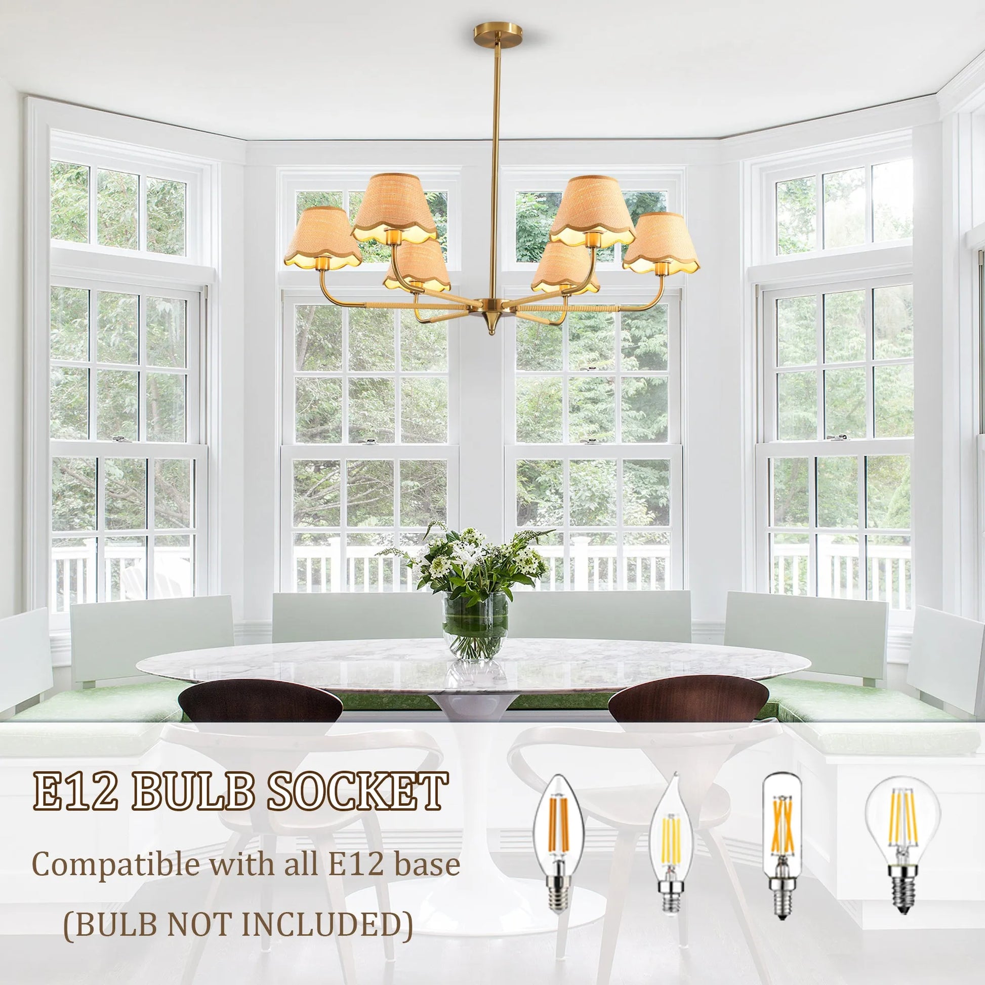 38' Gold 6-lamp Chandelier with Hand-Woven Rattan Lampshade, Mid-Century Hanging Pendant Light Fixture for Dining Room, Living Room, or Kitchen (Bulb – view 7