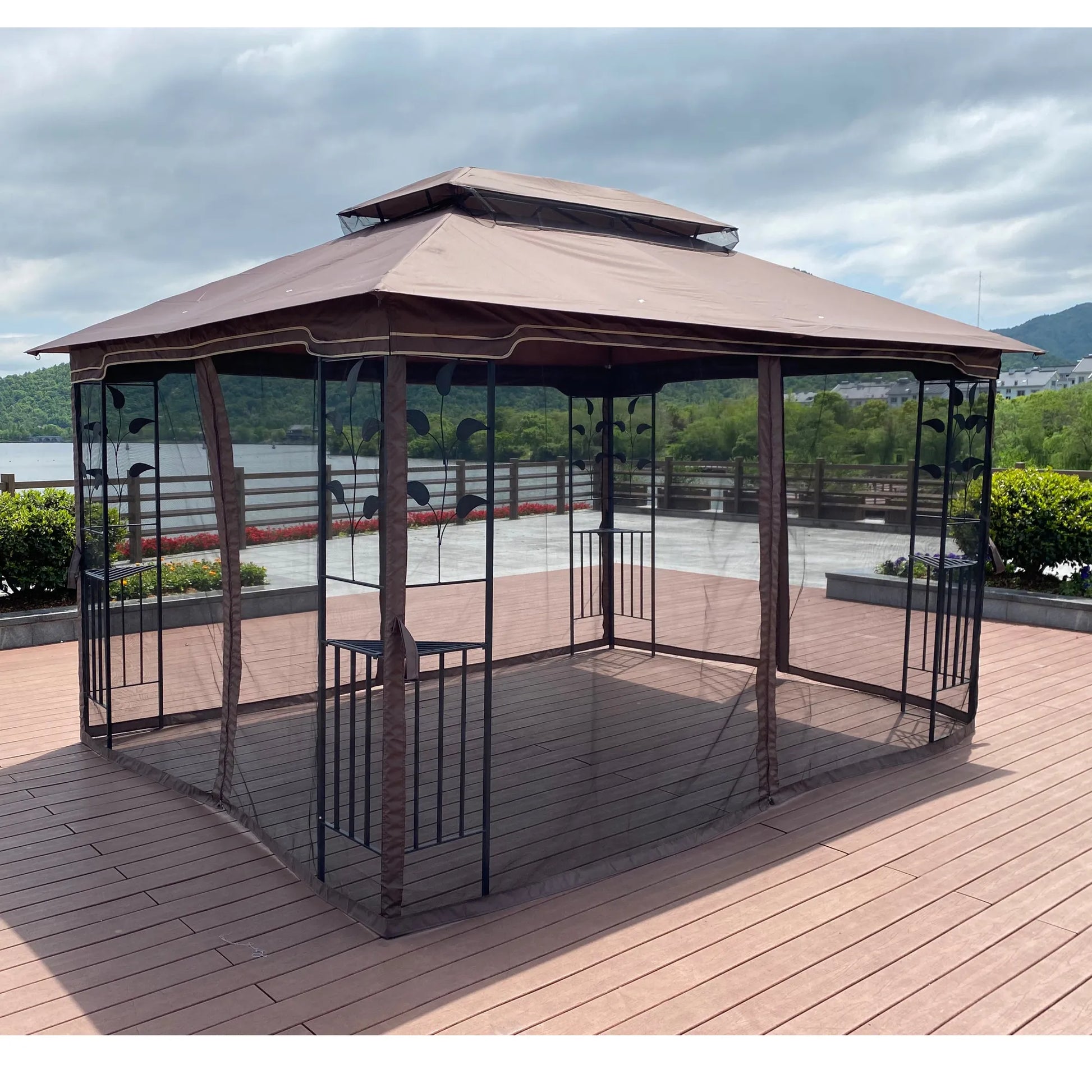 13 x 10 ft Patio Gazebo Tent with Ventilated Double Roof and Mosquito Net, Brown Canopy for Backyard or Garden – view 7