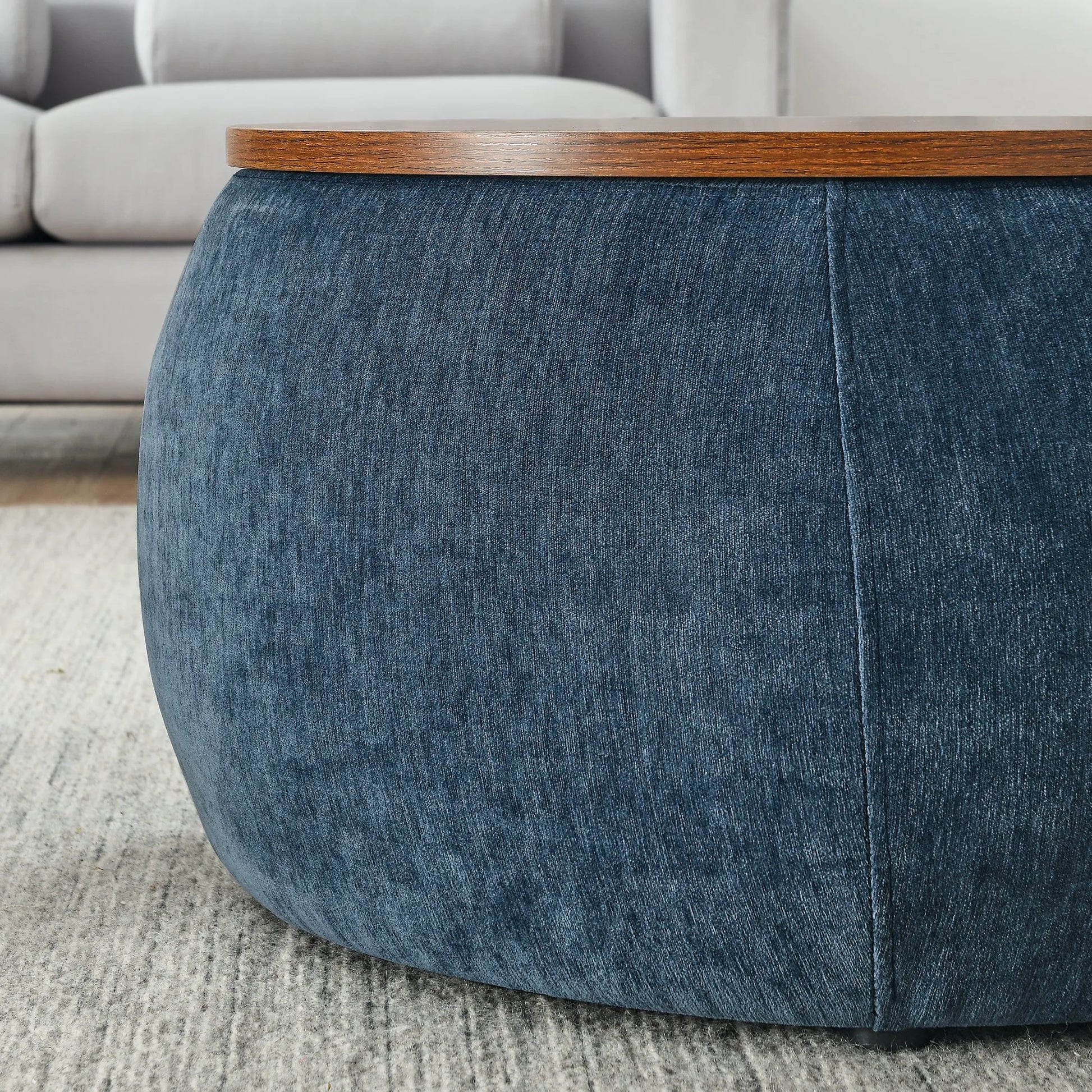 Dark Blue Round Storage Ottoman with 2 in 1 Function as End Table and Ottoman, Eucalyptus Wood and Foam, 25'x25'x14.7' – view 7