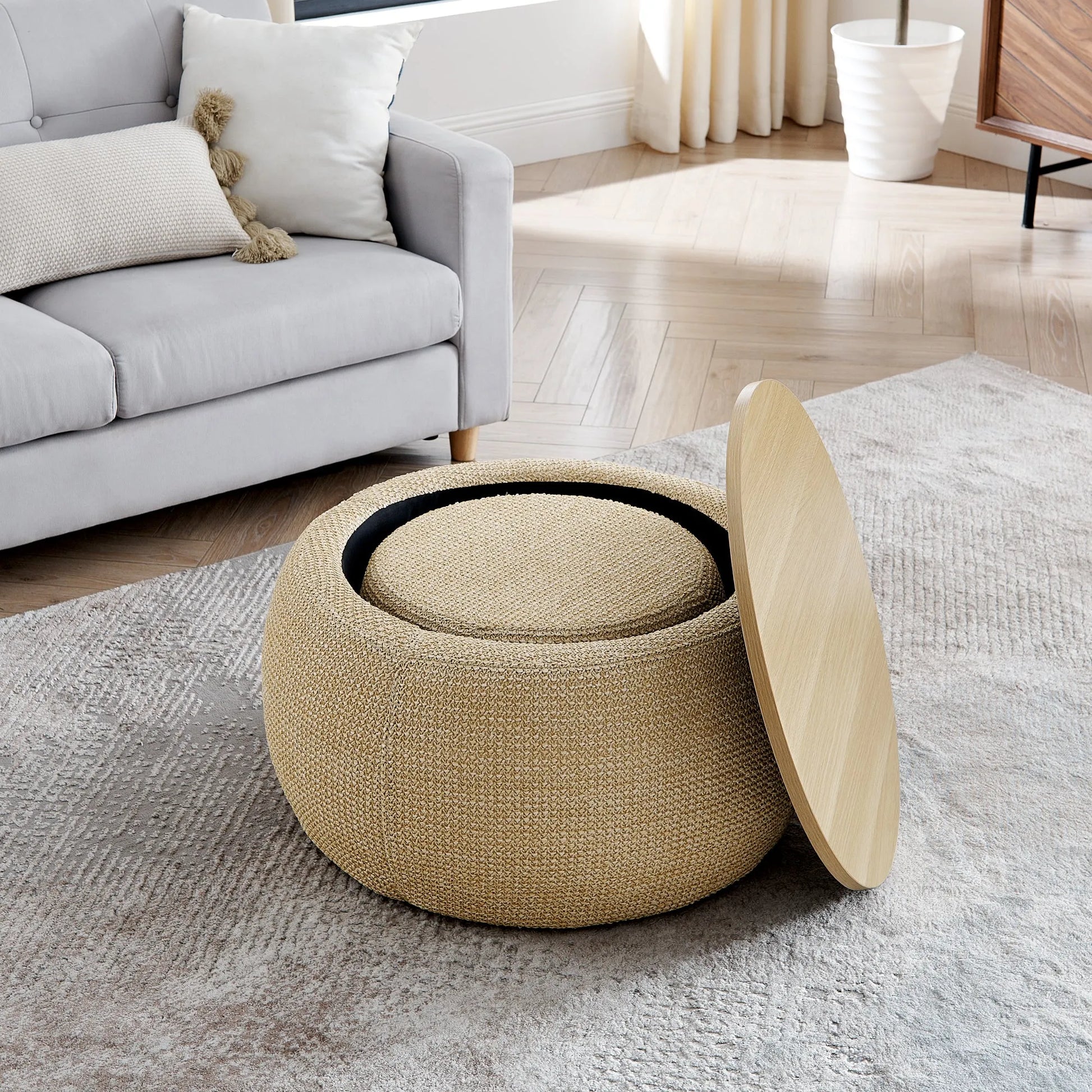 Woven Rattan Fabric Round Storage Ottoman with 2-in-1 Function as End Table and Ottoman, Dark Yellow, 25'x25'x14.7' – view 7