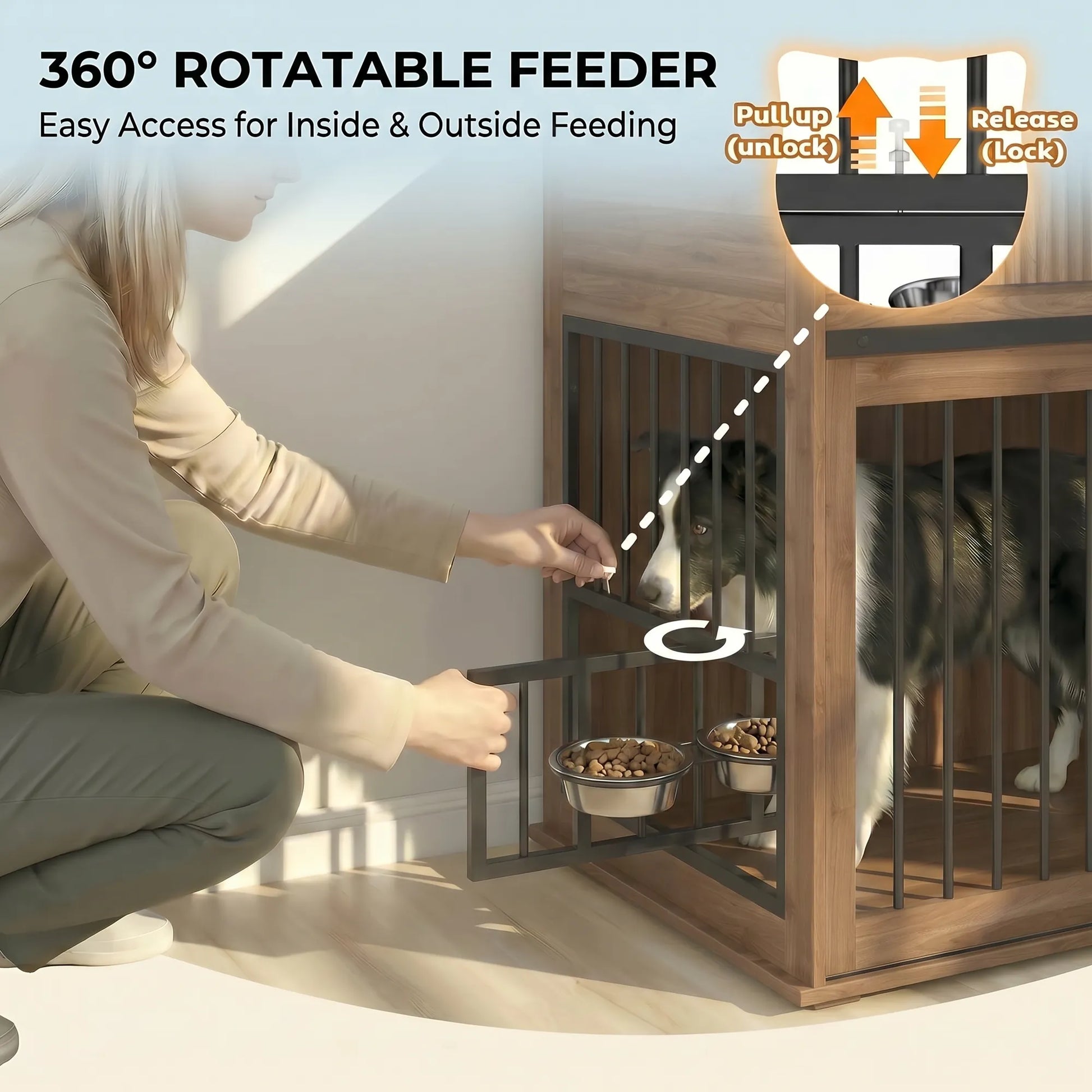 71'' Furniture Style Double Dog Crate with 3 Fluted Drawers and Waterproof Walnut Woodgrain Tabletop,Large Dog Kennel Furniture with Type-C Power – view 7