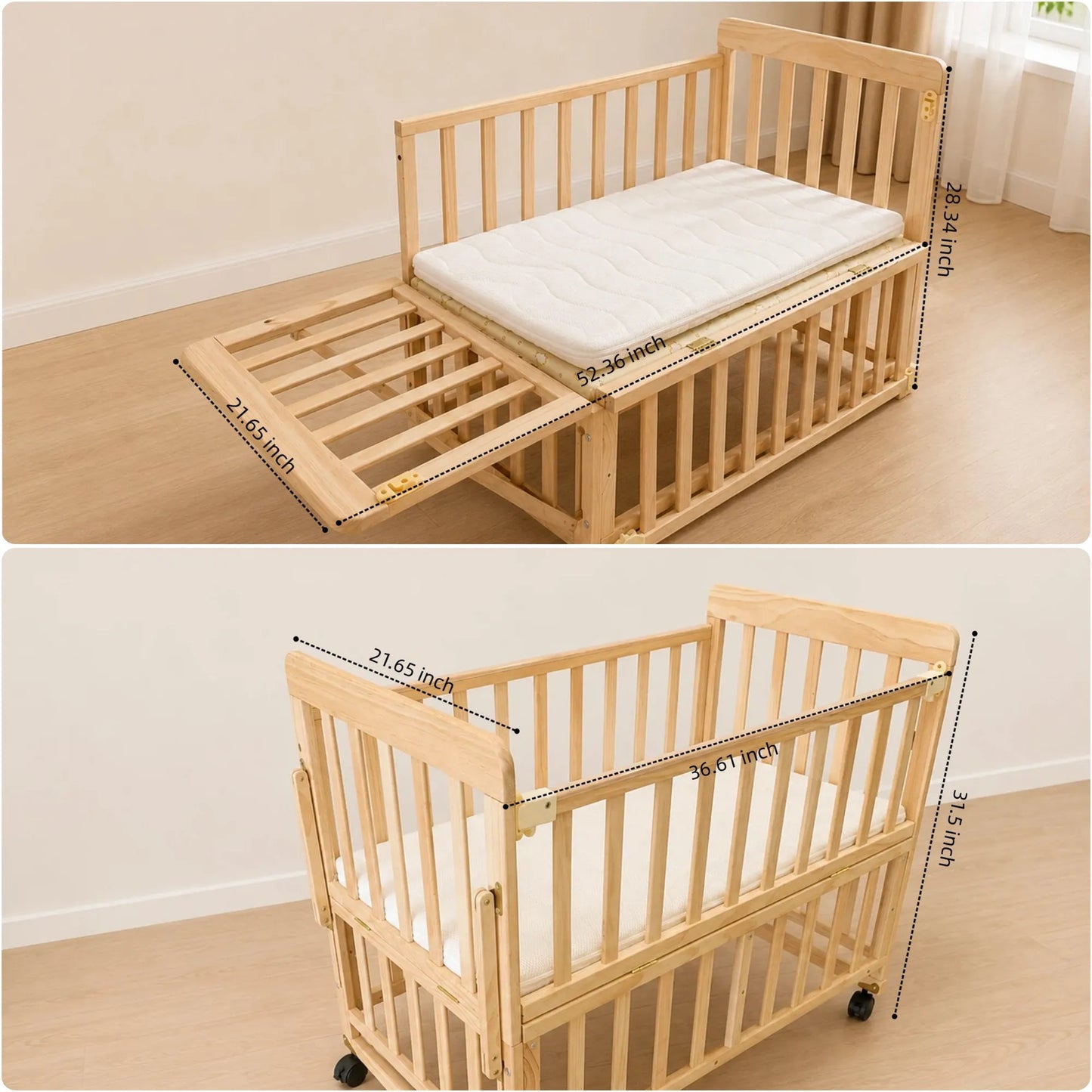 Solid Wood Baby Bassinets Wooden Bedside Bassinet Portable Extendable Mini Baby Crib 3 Adjustable Heights with Mattress for Newborns – view 7