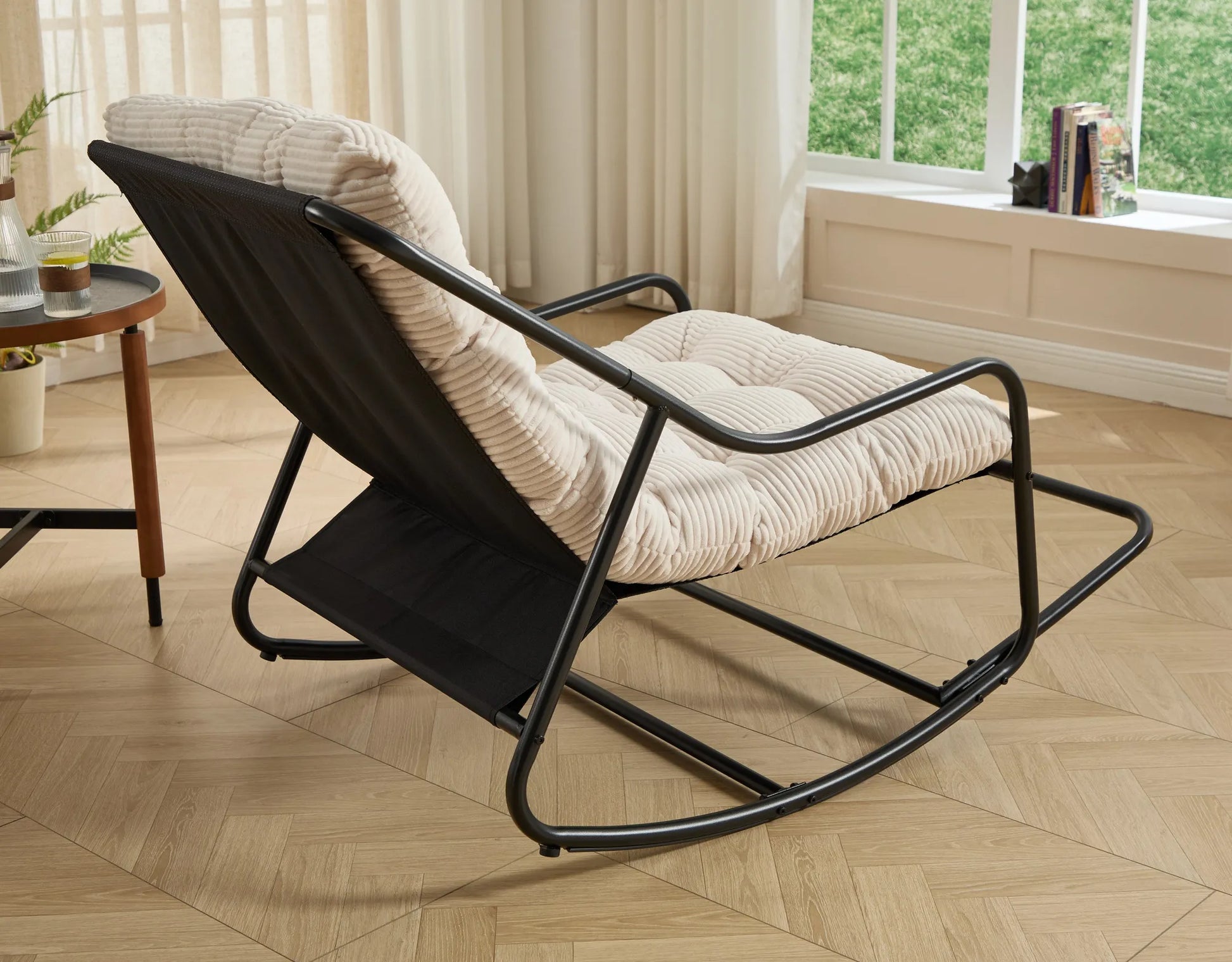 Outdoor Rocking Chair, Comfy Cushion, with Soft Thick Cushion,for Living Room, Bedroom, Reading Room, Black Frame with White Cushion – view 7