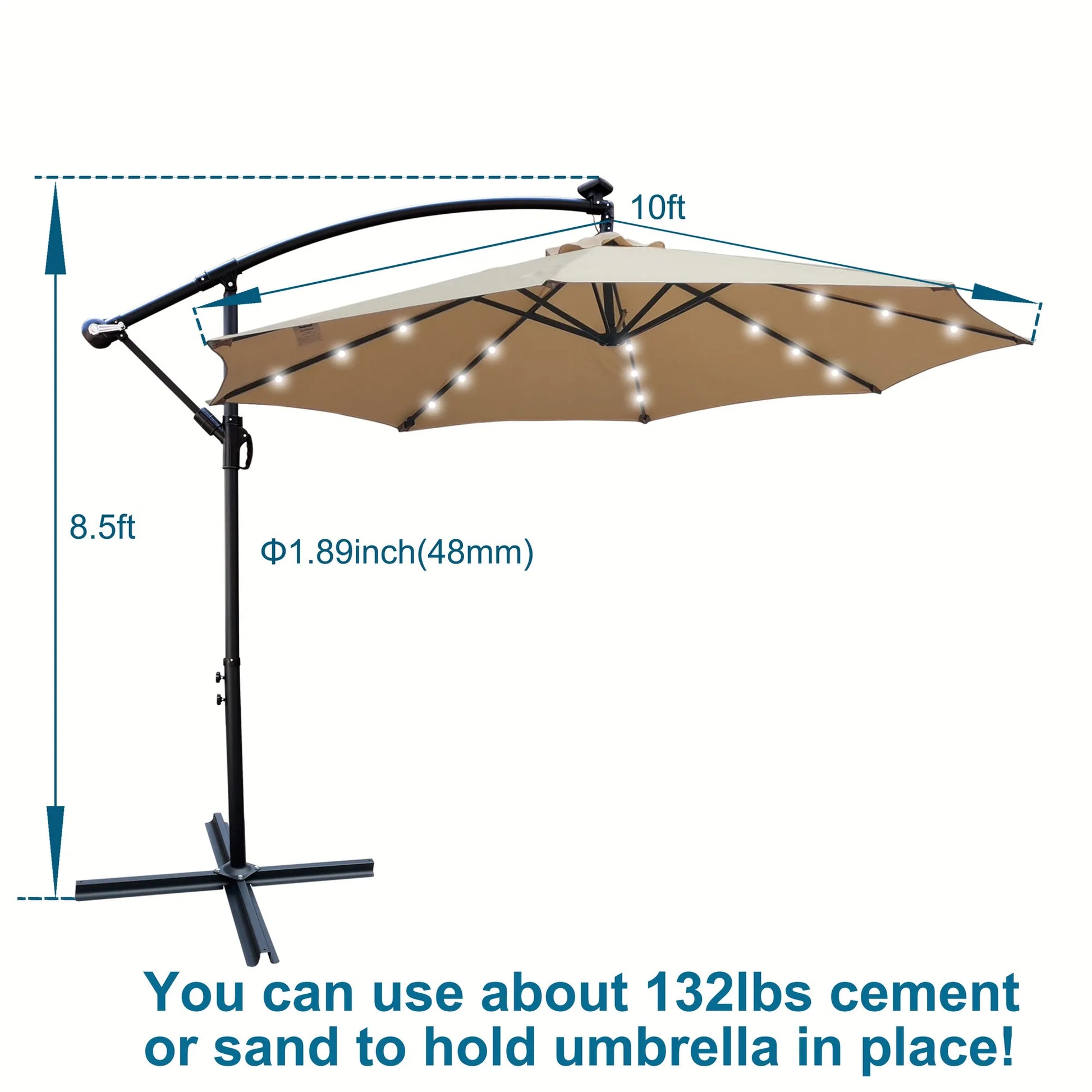 Tan 10 ft Outdoor Patio Umbrella Solar Powered LED Lighted Sun Shade Market Waterproof 8 Ribs Umbrella with Crank and Cross Base for Garden Deck – view 7
