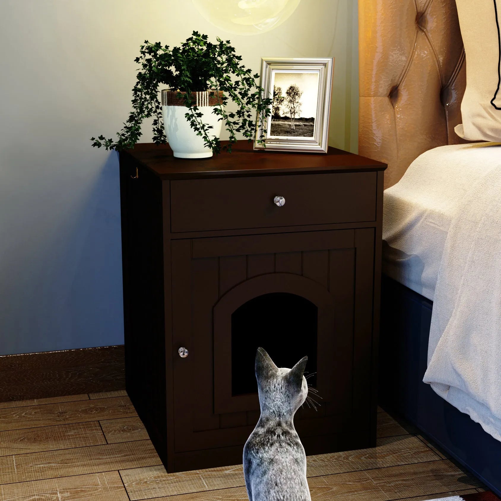 Brown Wooden Pet House Cat Litter Box Enclosure with Drawer, Side Table, Indoor Pet Crate, Cat Home Nightstand – view 7