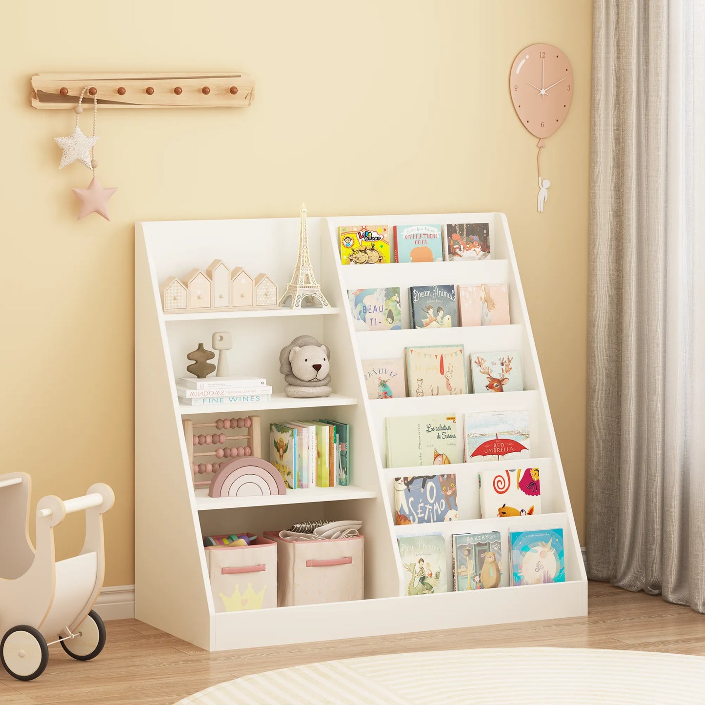 Kids Bookshelf and Toy Storage Organizer, Multifunctional 4-Tier White Wooden Bookcase with Toy Bin for Nursery, Playroom, or Kids Room – view 7